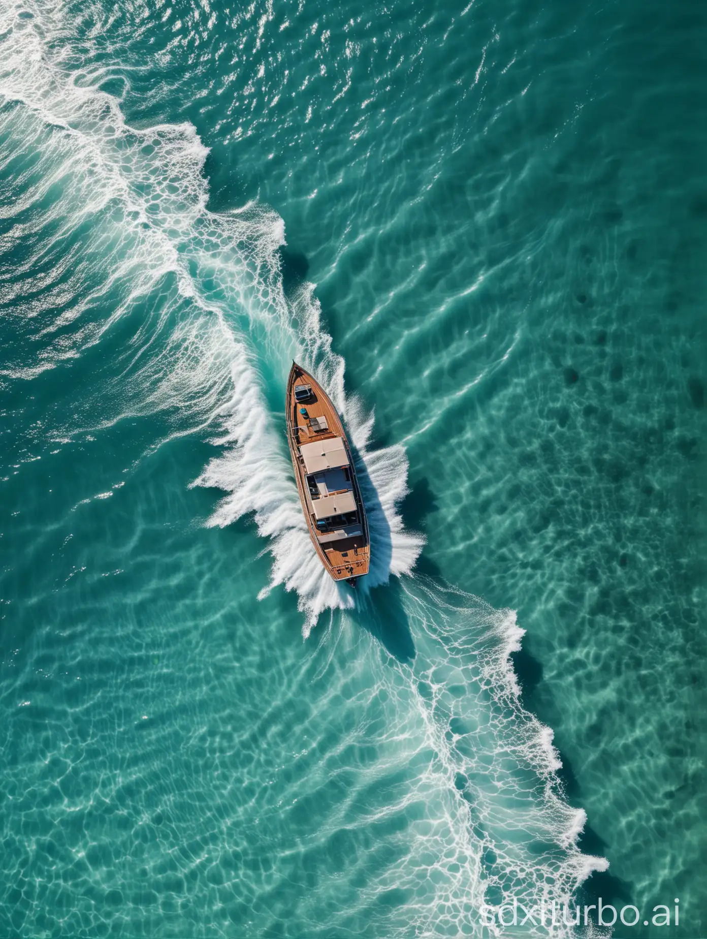 A boat going through the center of an ocean wave, Diagonal composition, bird's eye view, turquoise water, aerial photography, symmetrical, hyper realistic in the style of drone shot, sharp focus，((Diagonal composition))