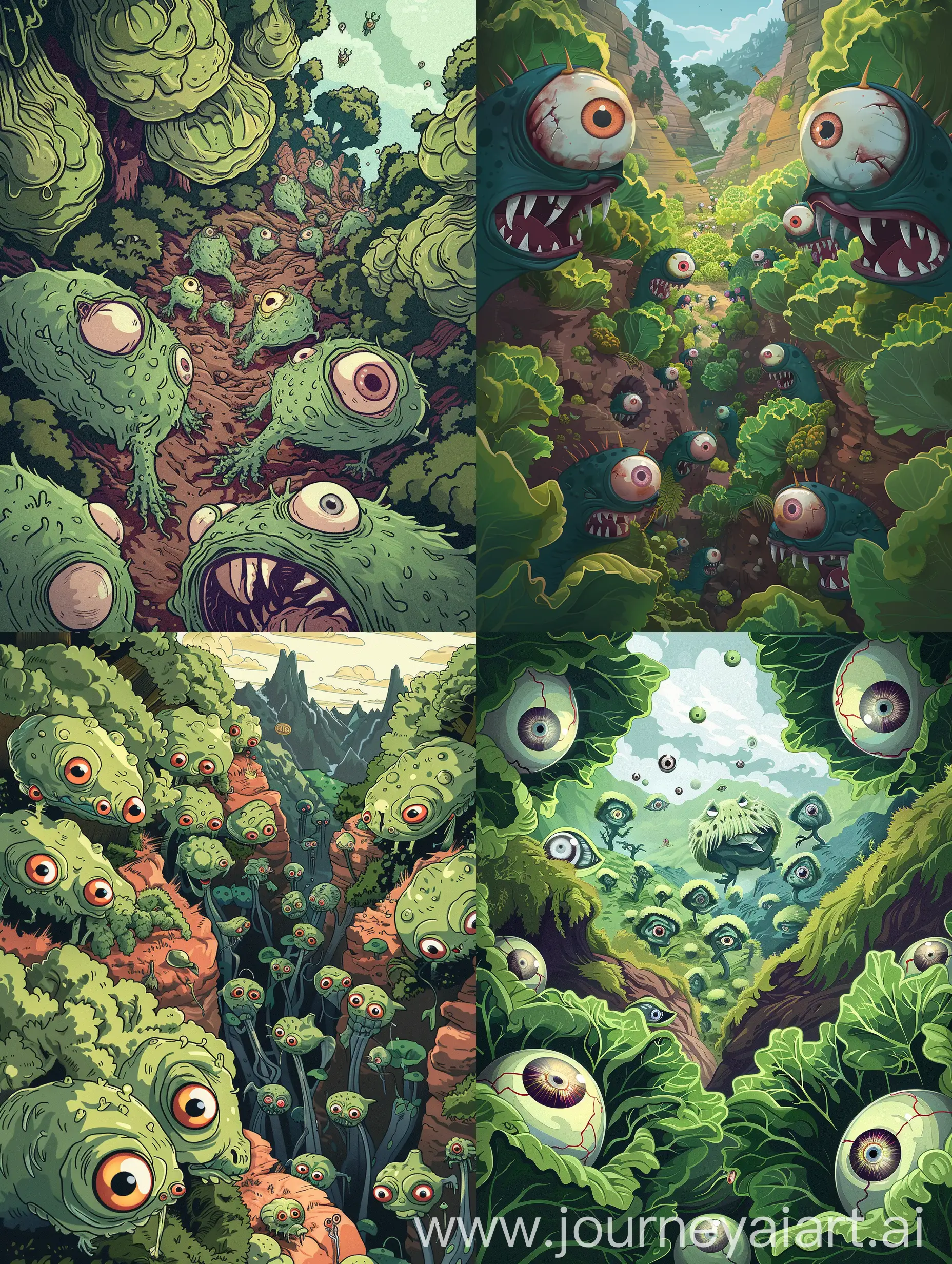Adorable-Vegetable-Guardians-Fend-Off-Lovecraftian-Eyeball-Monsters-in-Cartoon-Grand-Scene