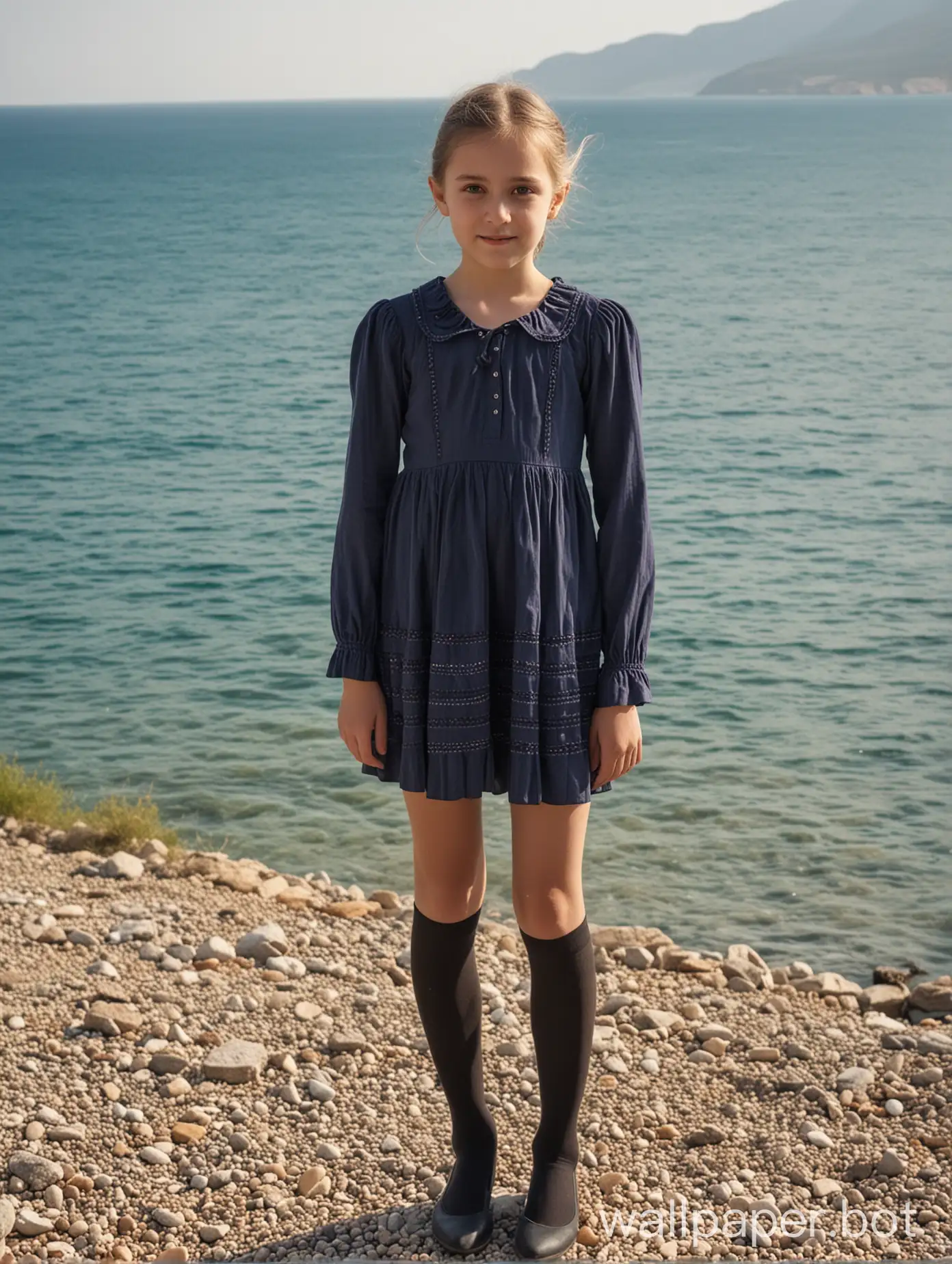 Crimea, view of the sea, a 10-year-old girl in a short dress with stockings, in full height