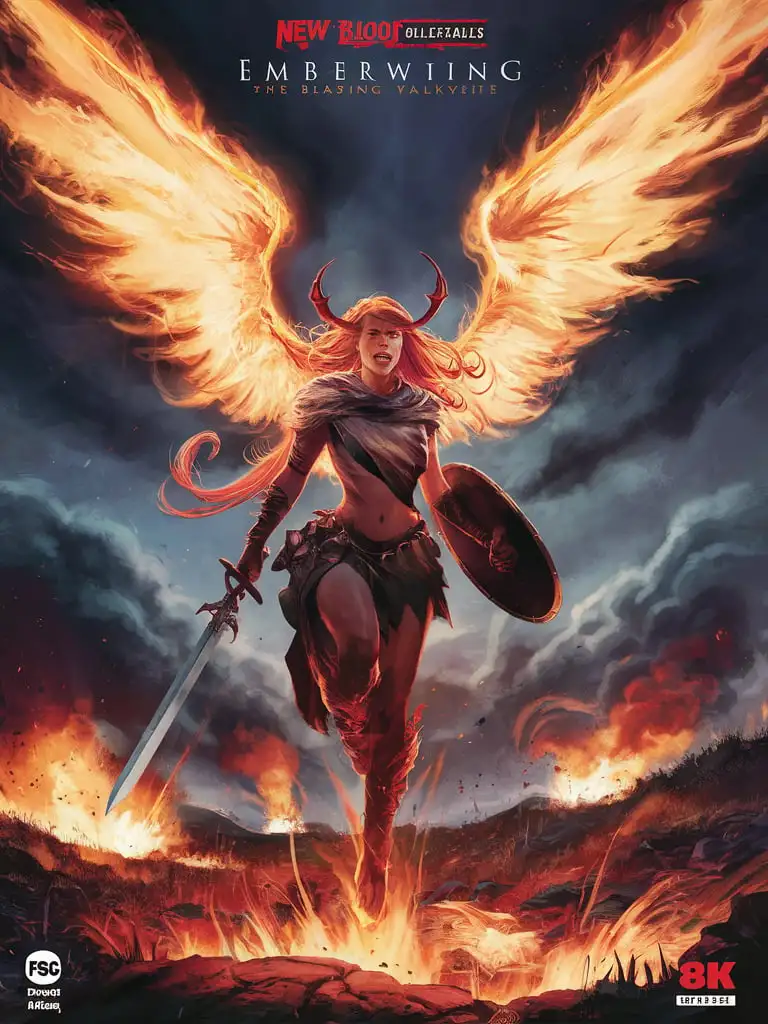  Design an 8K #1 comic book cover for "New Blood Collectables" featuring "Emberwing, the Blazing Valkyrie." Use FSC-certified uncoated matte paper, 80 lb (120 gsm), with a slightly textured surface. Emberwing soars through the skies, its wings ablaze with fire, as it gazes out upon a blazing battlefield...

(There are no words or phrases in the input that are not in English, so no translation is necessary.)