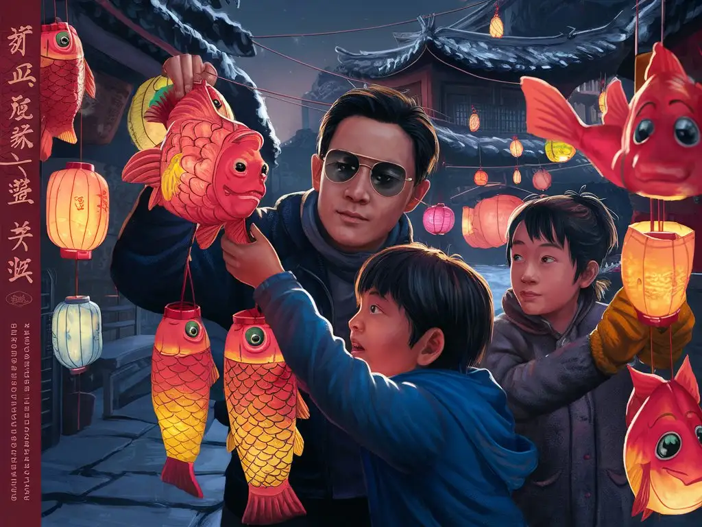 江南水乡，夜晚，冬季，一个戴着墨镜的男人和两个孩子在街上挂起多种颜色鱼形状的灯笼，精细面部，写实风，中国风