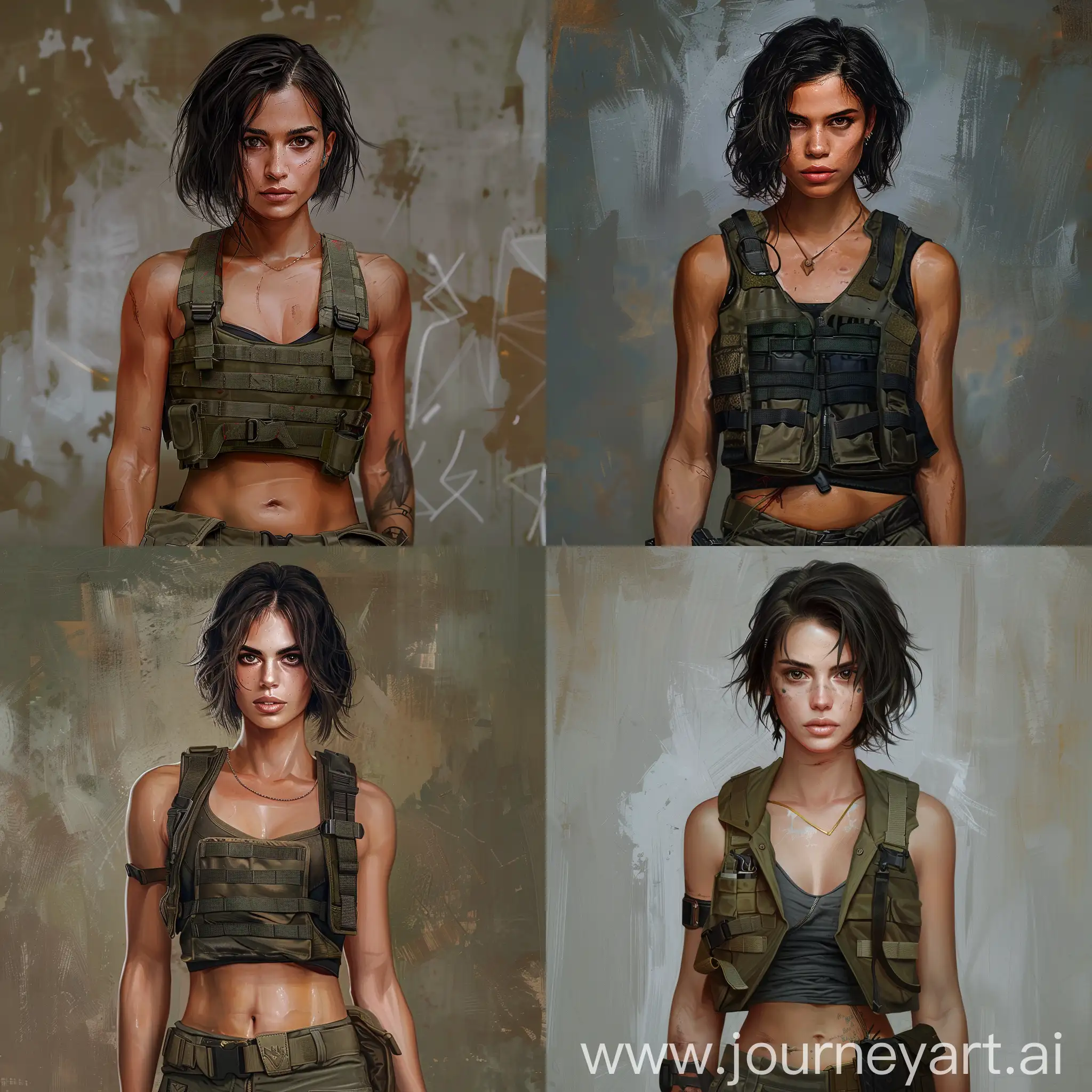 A photorealistic portrait of a woman in her mid-30s with short, dark hair and piercing brown eyes. She has a lean, athletic build and is wearing a tactical vest and cargo pants.