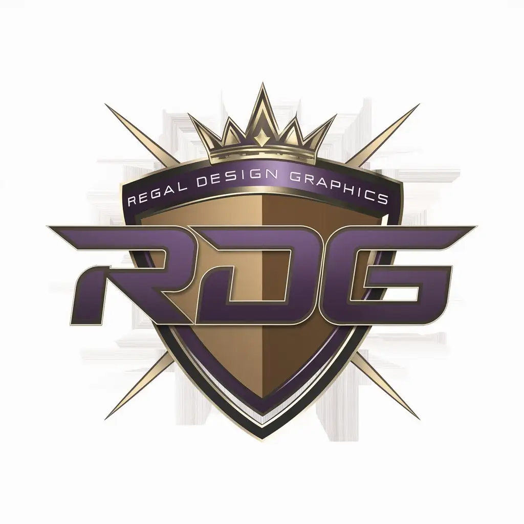 a logo design,main symbol: RDG monogram within a shield; add hints of gold, Moderate, be used in sports industry, clear background; clean up wordmark of Regal Design Graphics in a sleek, futuristic font in dark purple above; crown on top of wordmark;