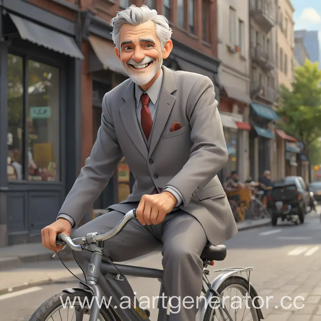 мультяшный солидный добрый милый взрослый седой мужчина в официальном костюме на велосипеде улыбается в полный рост на улице