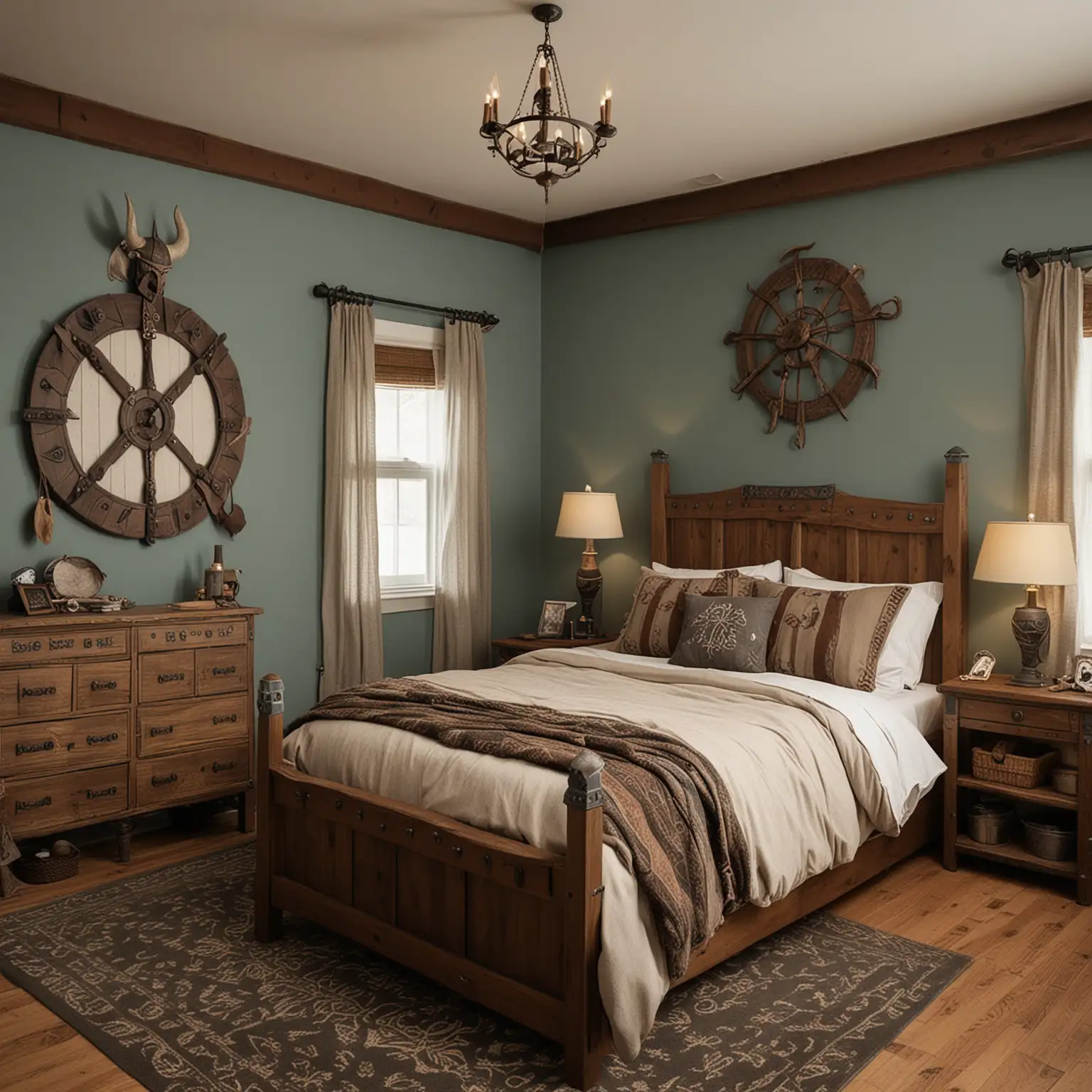 viking themed bedroom.  modest and average northeastern american home with viking, Nordic, Icelandic themed colors for paint and furniture.  