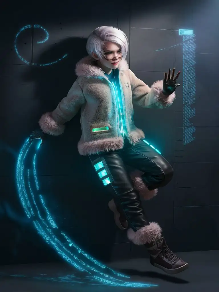 teen femboy hacker, white hair, outfit with bioluminescent details, fluffy fleece shirt, teleport, dystopian cyberpunk, dark shadows, fluffy fur-trim, holograph, matrix, plushy