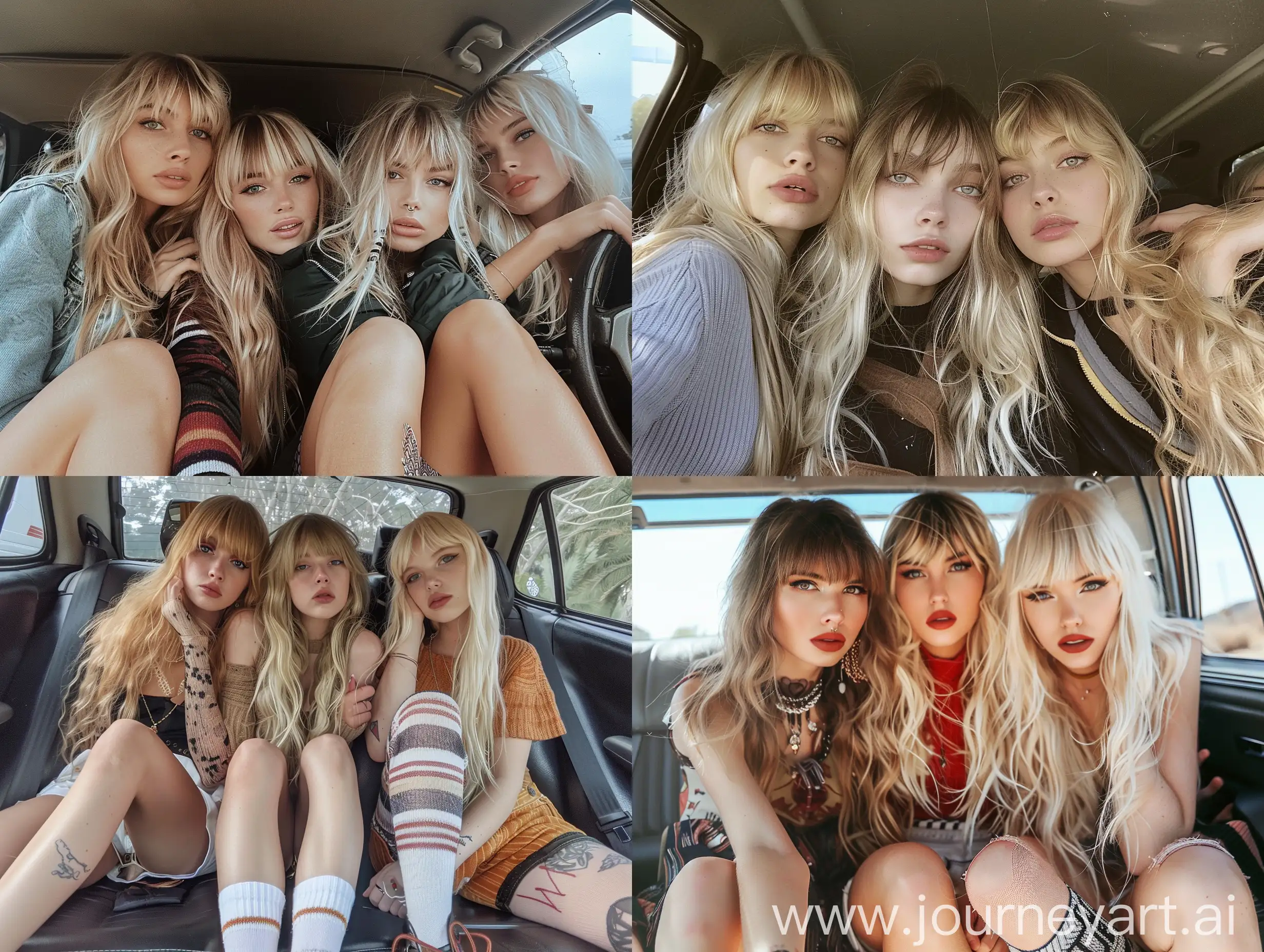 3 girls, long blond hair ,bangs, fringed hair, 22 years old, inside car, influencer, beauty ,, body painting,  makeup,, sitting on car , socks and boots, no effect, selfie , iphone selfie, no filters , iphone photo natural