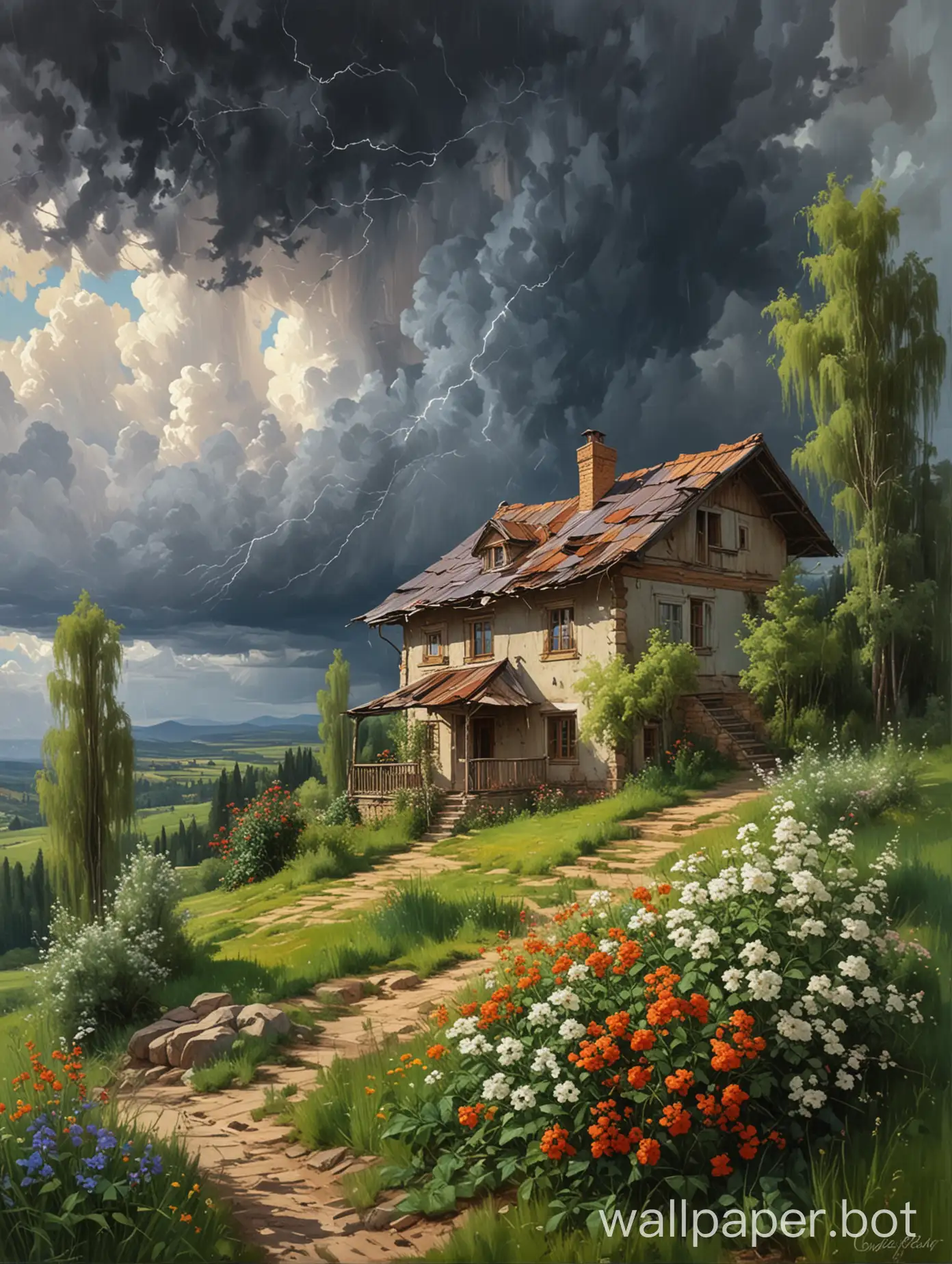 Vladimir gusev Oil painting of dark clouds with lightninigs and One old  house in a natural view trees with flowers