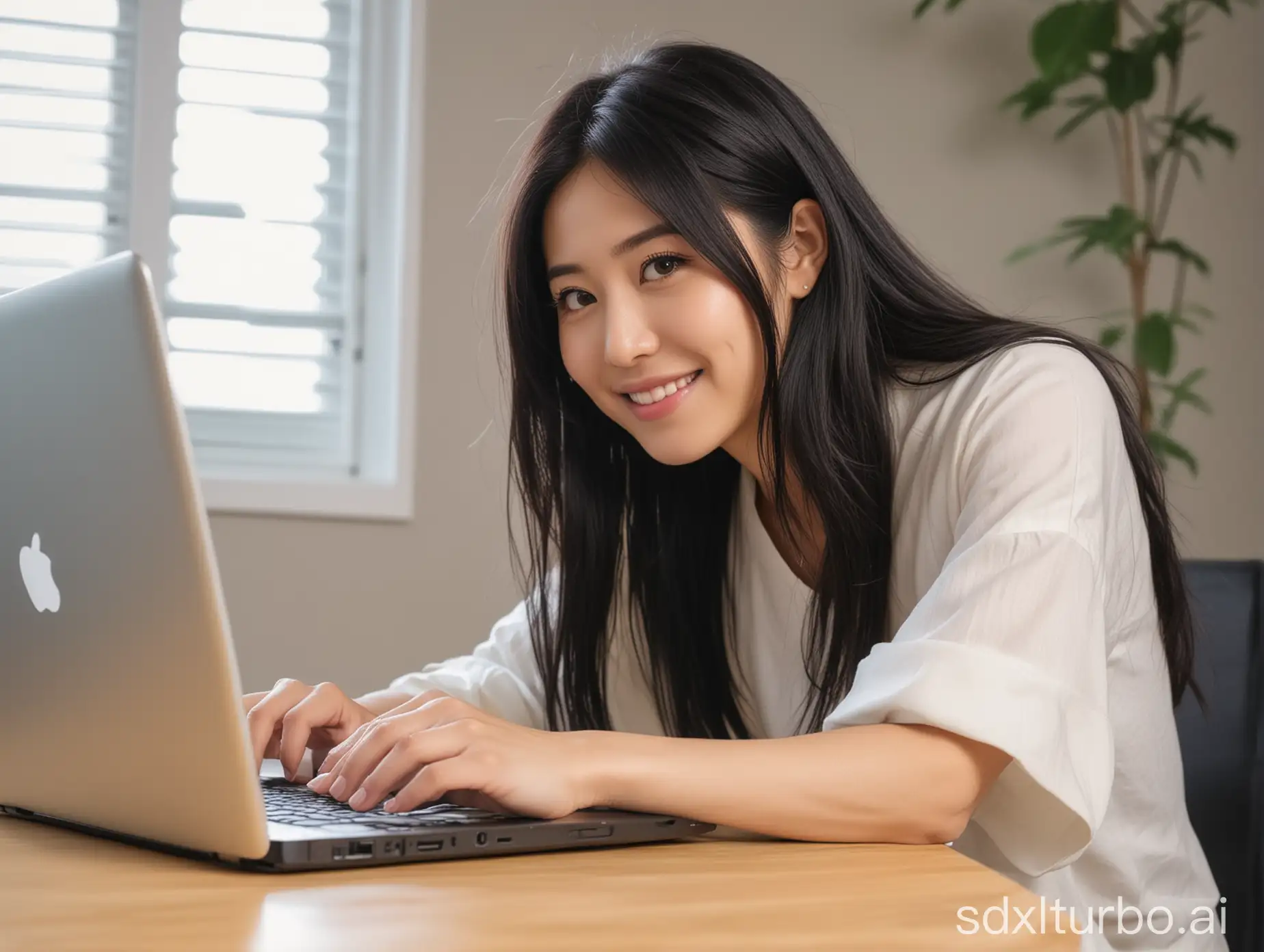 beautiful intellectual typical Japanese 33-year-old girl looks at her laptop, smiling, Instagram model, long black hair, warm, black eyes, height 6.5 feets, female, masterpiece, 4k, correct fingers or hands