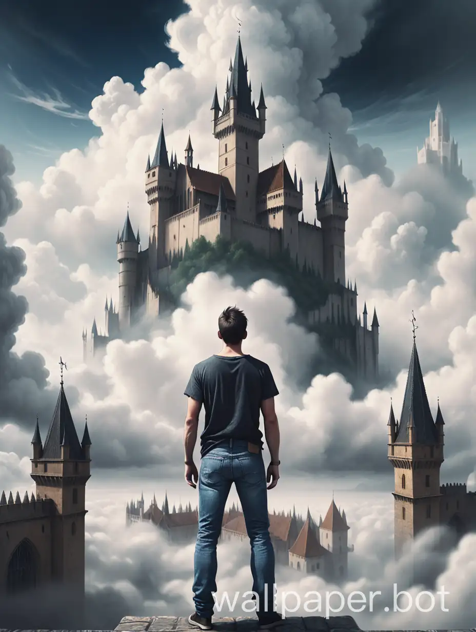 Мужчина стоит спиной к зрителю посреди облаков. Он одет в джинсы и футболку. Вдали из облаков выглядывает средневековый дворец со шпилями и стенами.