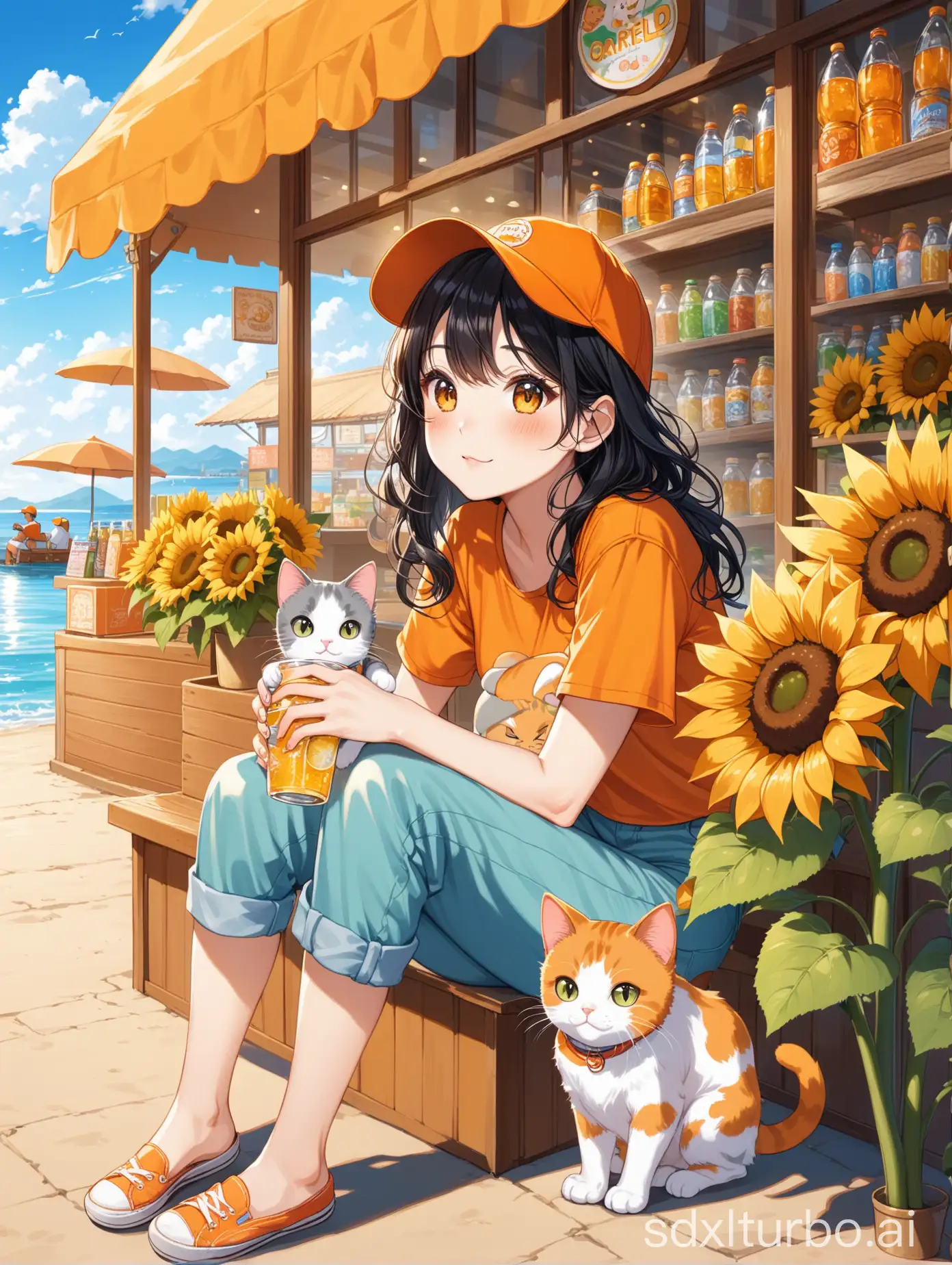 黑色微卷中长发的女人，戴着橘色的鸭舌帽，抱着1只灰色三花猫1只橘色的加菲猫，穿着长裤和短袖，坐在海边的向日葵装饰的饮品店旁喝水