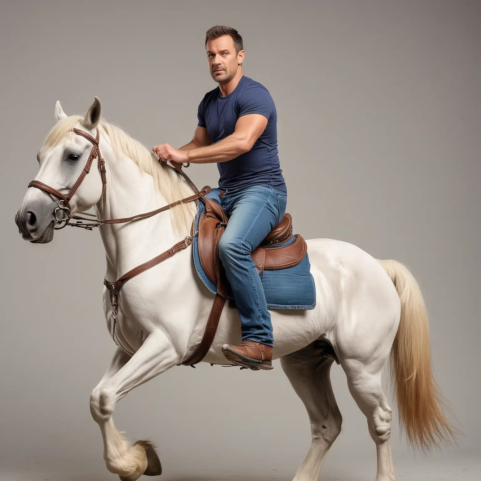 very short middle aged man on in tshirt and jeans riding a huge horse