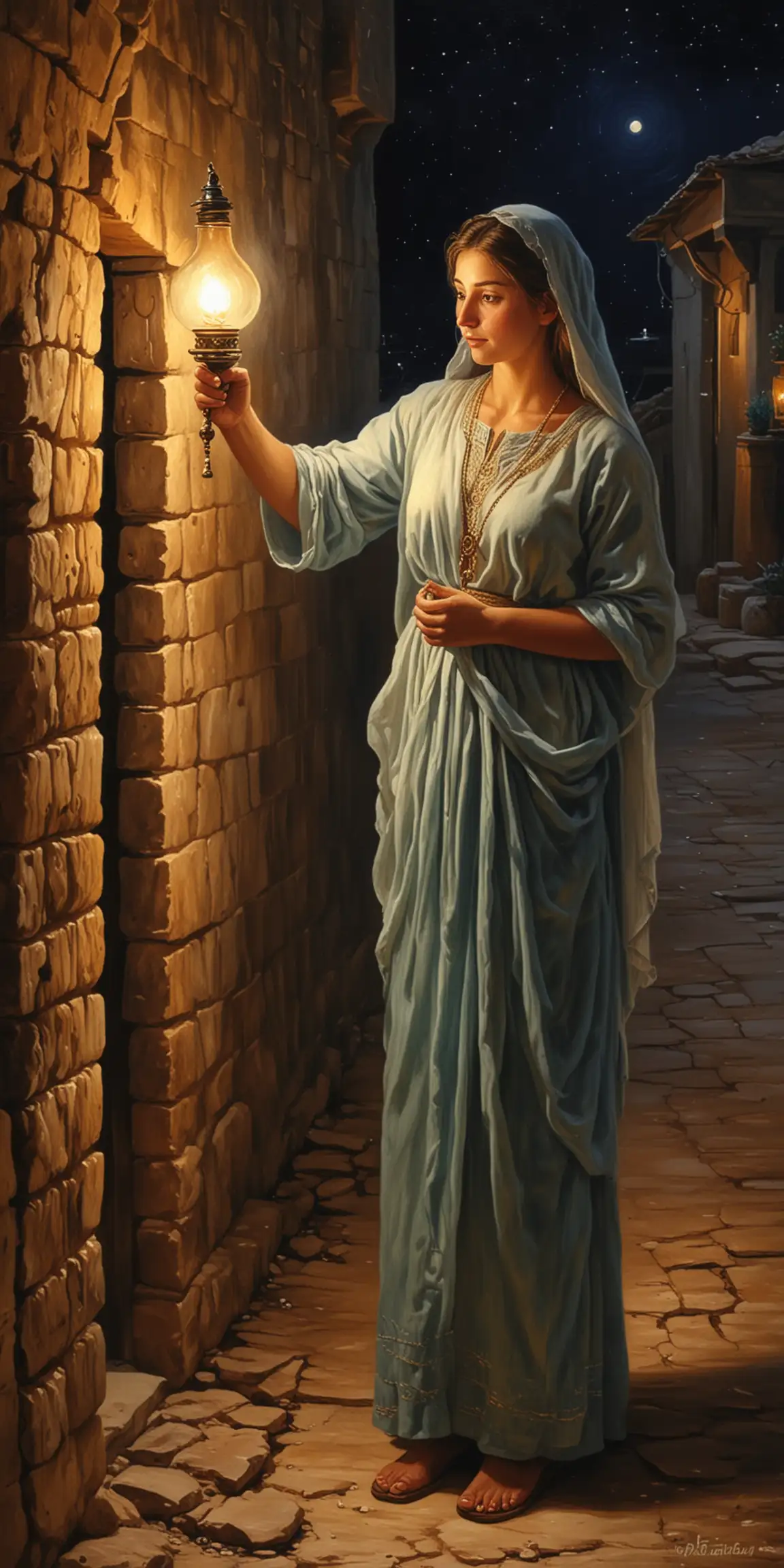 AD 30 girl with a clay lamp waiting for bridegroom at night in Israel 
 oil painting