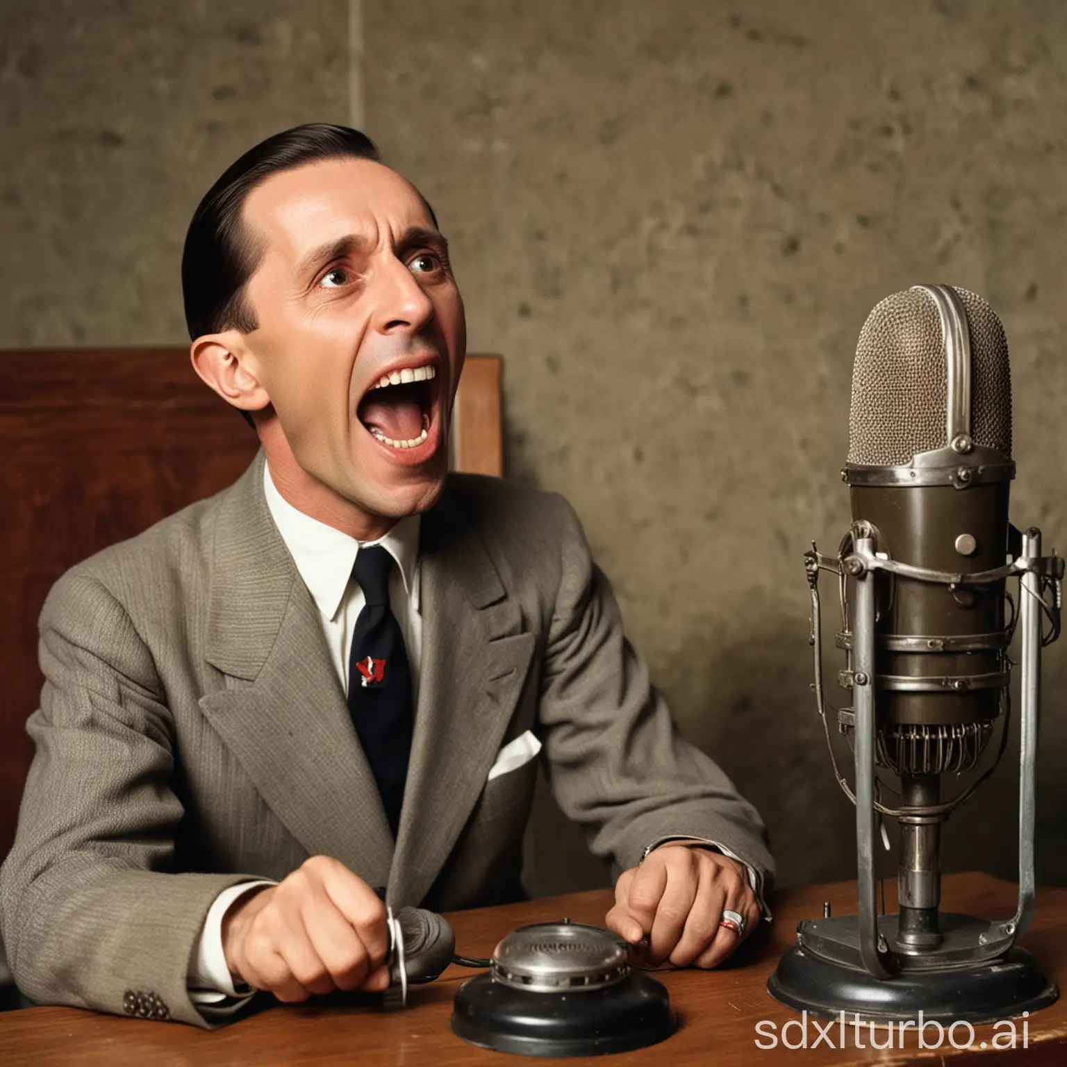 old color photo depicting Joseph Goebbels screaming in an old German radio microphone on a table