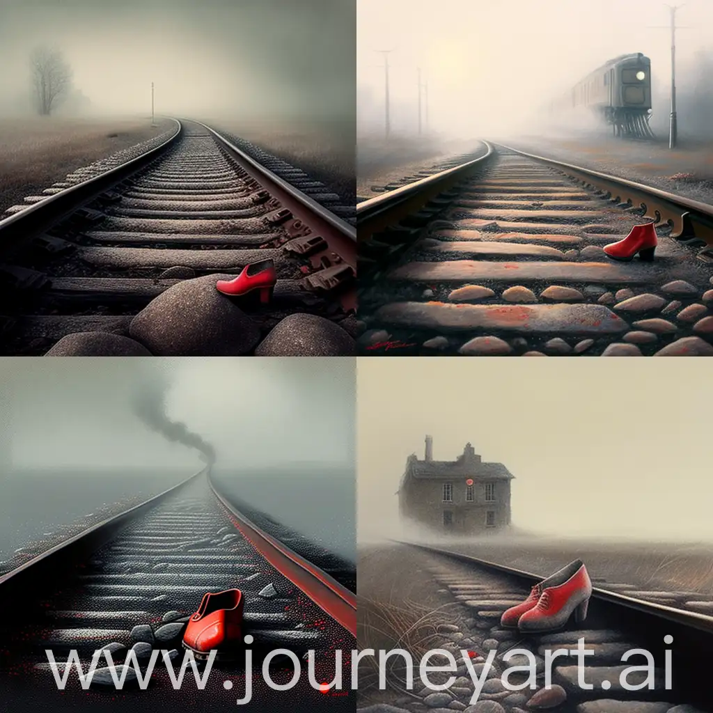 Mysterious-Red-HighHeeled-Shoe-on-Abandoned-Train-Tracks-in-Morning-Mist