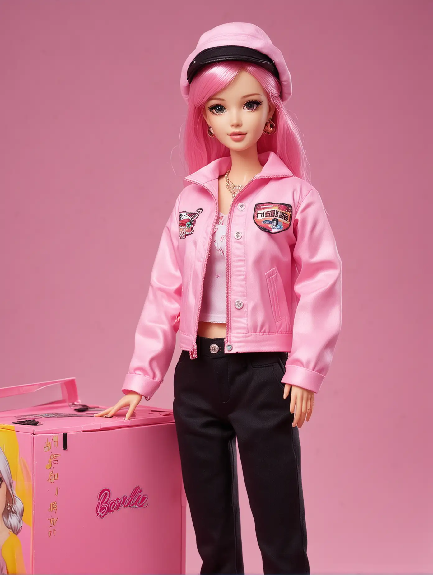 Teenage Barbie Doll Seo Yea-ji is Very Beautiful. Short rainbow hair. wearing a jacket, black hat, pants. in a very large pink plastic box.