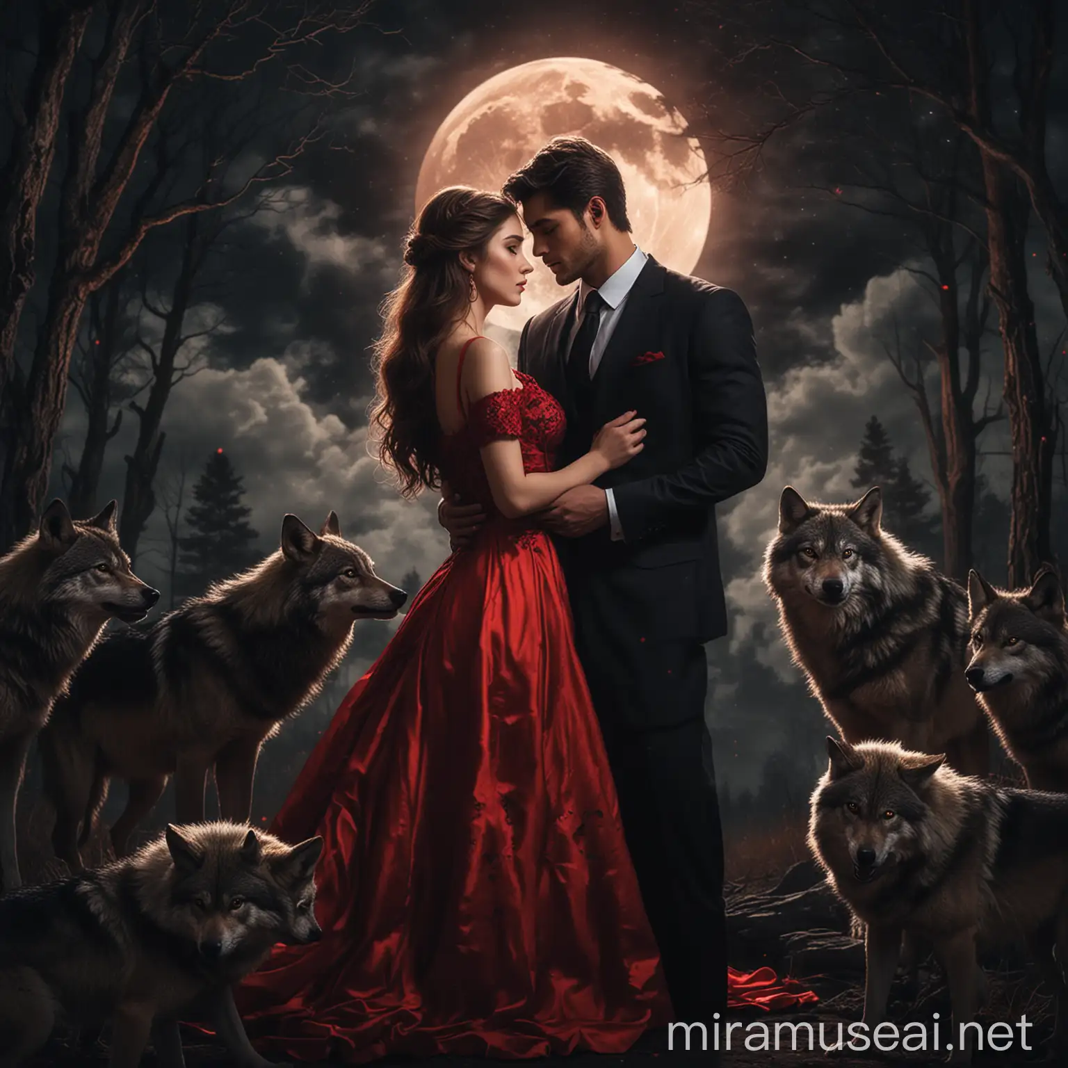 A beautiful lady in a red and black dress, held romantically by a handsome young man in suit, with wolves beside them, and a glowing moon in the dark night.