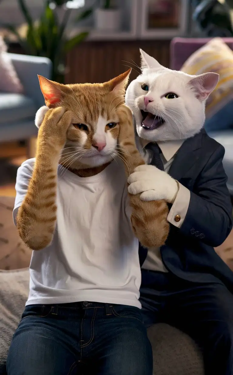 один очеловеченный рыжий кот в белой футболке и джинсах плачет держится за голову второй очеловеченный белый кот в костюме над ним смеется