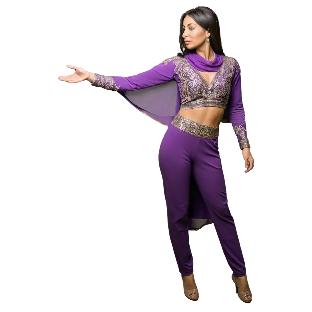 Woman in purple Arabian cloth side pose full body 
