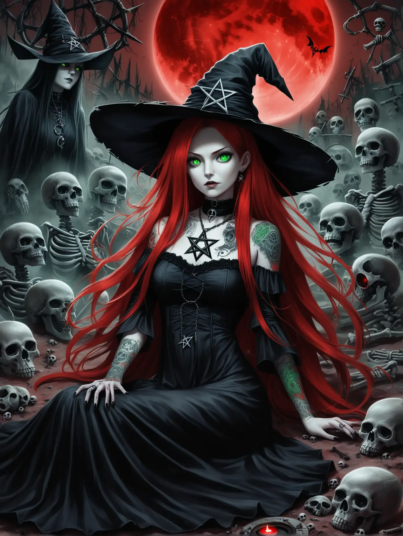 Female, long red hair, green eyes, tattoo on the neck, an evil look, pentagram pendant on the neck, Portrait, black gothic dress, black wide witch hat,  Black and red magic circle behind your back, black ghosts are lying around, the background is post-apocalyptic, skulls and bones are lying around, in the red moonlight