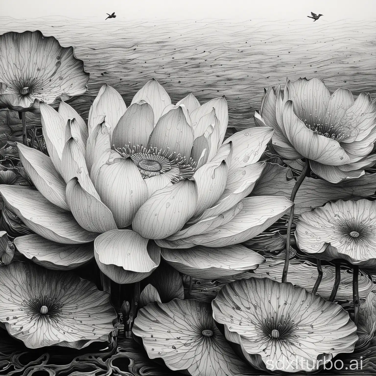 water flow, black and white simple pen drawings, line drawing, traditional art, lotus, bird's eye view