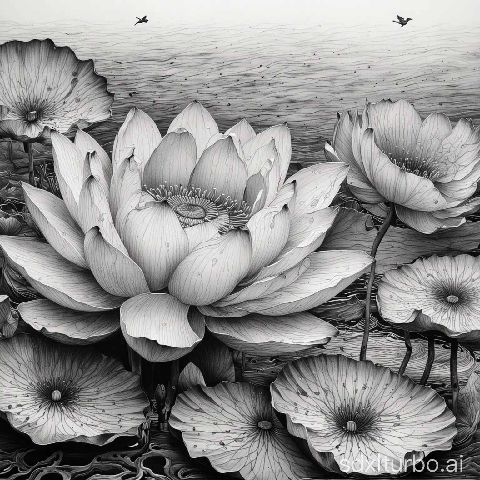 水流，黑白简笔画，线条画，传统艺术，莲花，俯视图