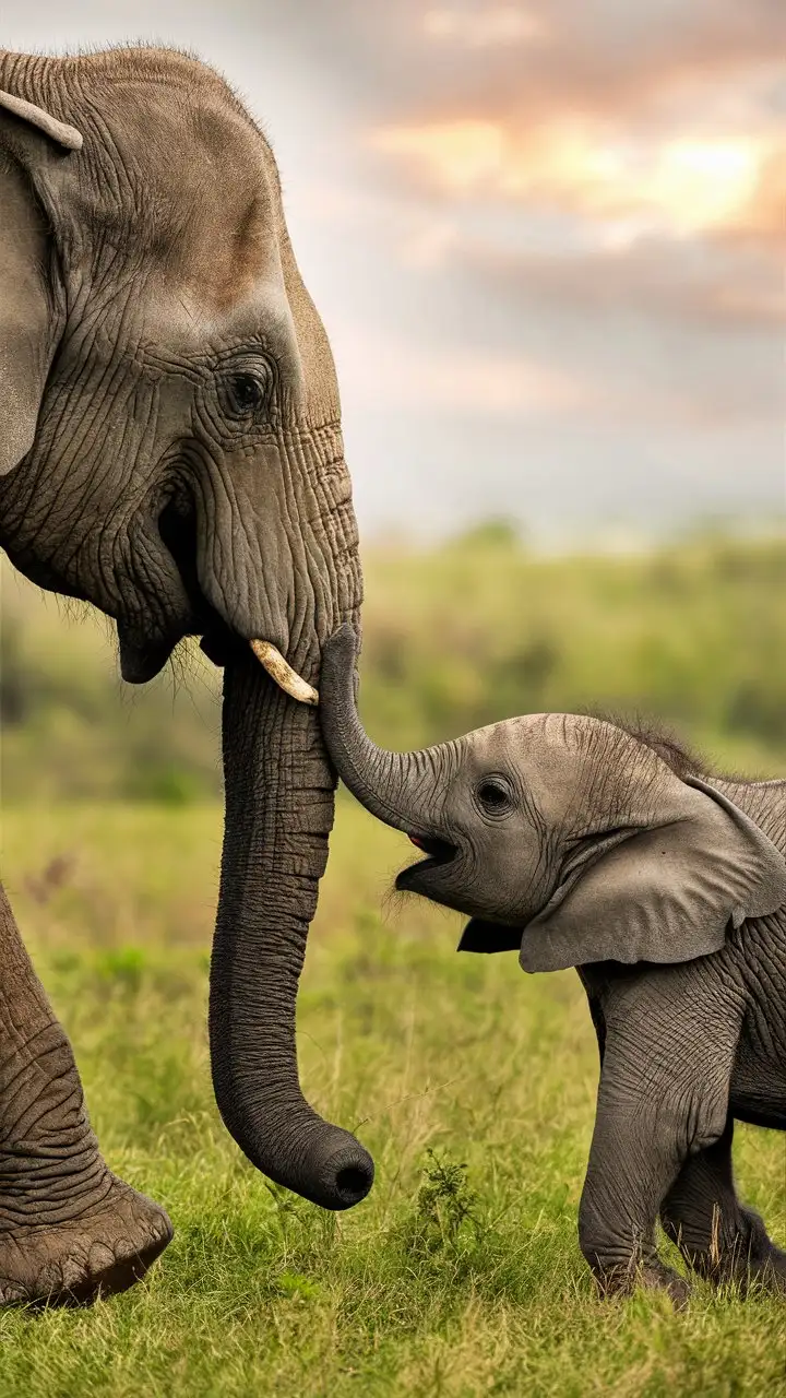 Mother and Baby Asia Elephants in Grassland