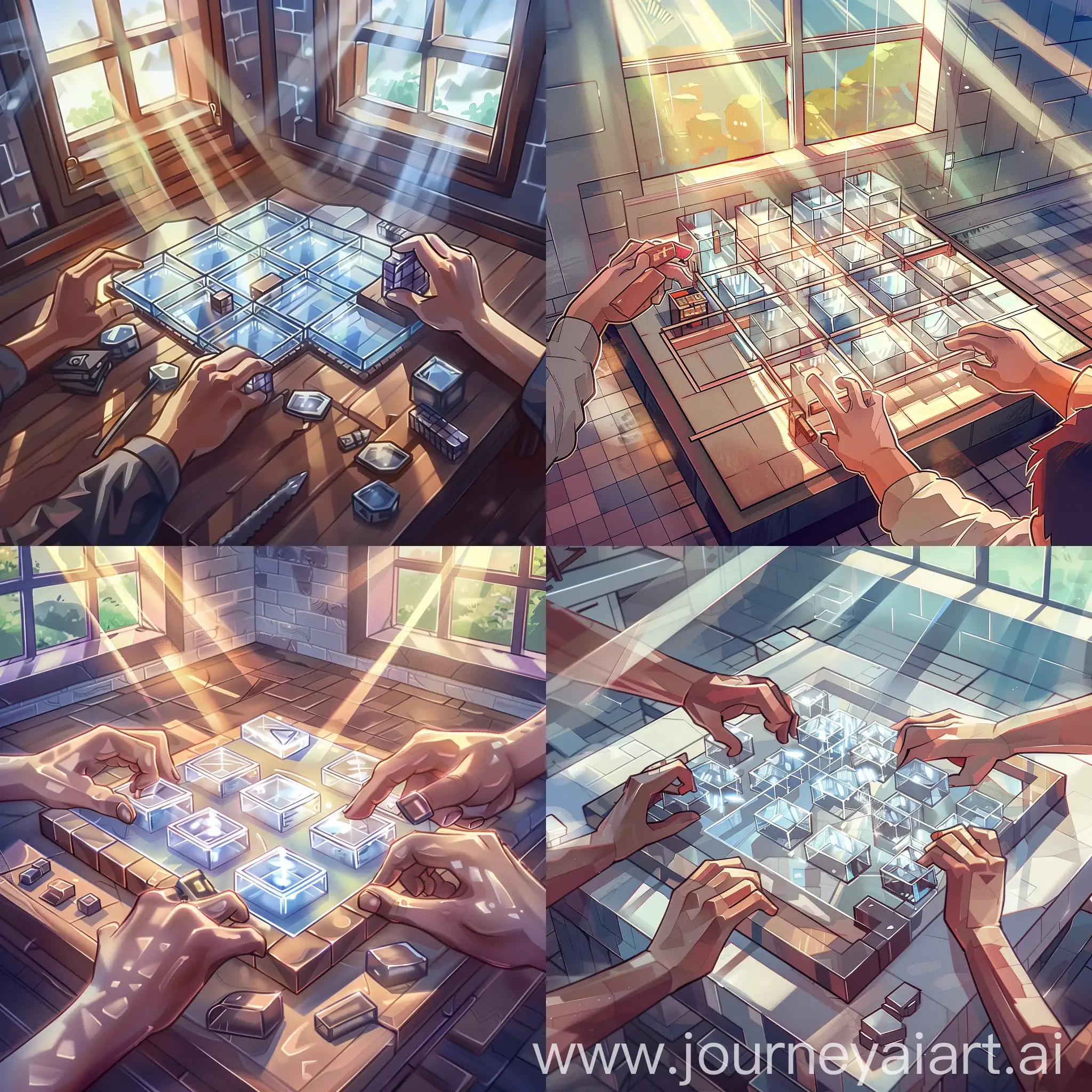 An intricate illustration depicting the crafting process of an invisible frame in a Minecraft setting. A crafting table sits prominently in the foreground, surrounded by pixelated tools and materials. The hands of a character deftly arrange six glass blocks and one block of redstone atop the crafting table, following precise steps. Rays of light from a nearby window illuminate the scene, casting soft shadows across the workspace. The transparent nature of the glass blocks contrasts against the solid texture of the redstone block, emphasizing the unique crafting combination. The character's expression is focused and determined, showcasing their expertise in the intricate art of Minecraft crafting. 
