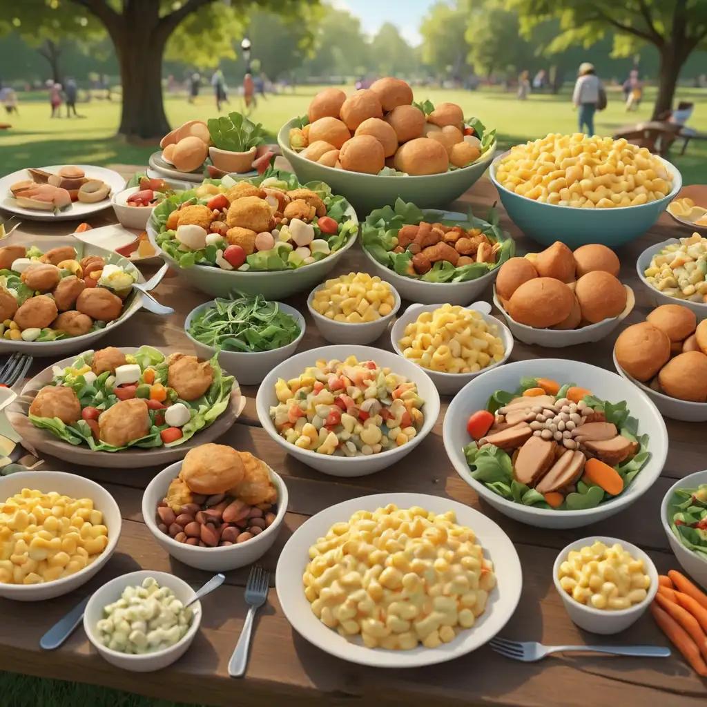 defined 3D cartoon-style colorful salad, chicken, potato salad, cornbread muffins, greens, pinto beans, mac and cheese, and carrots on a long table in the park