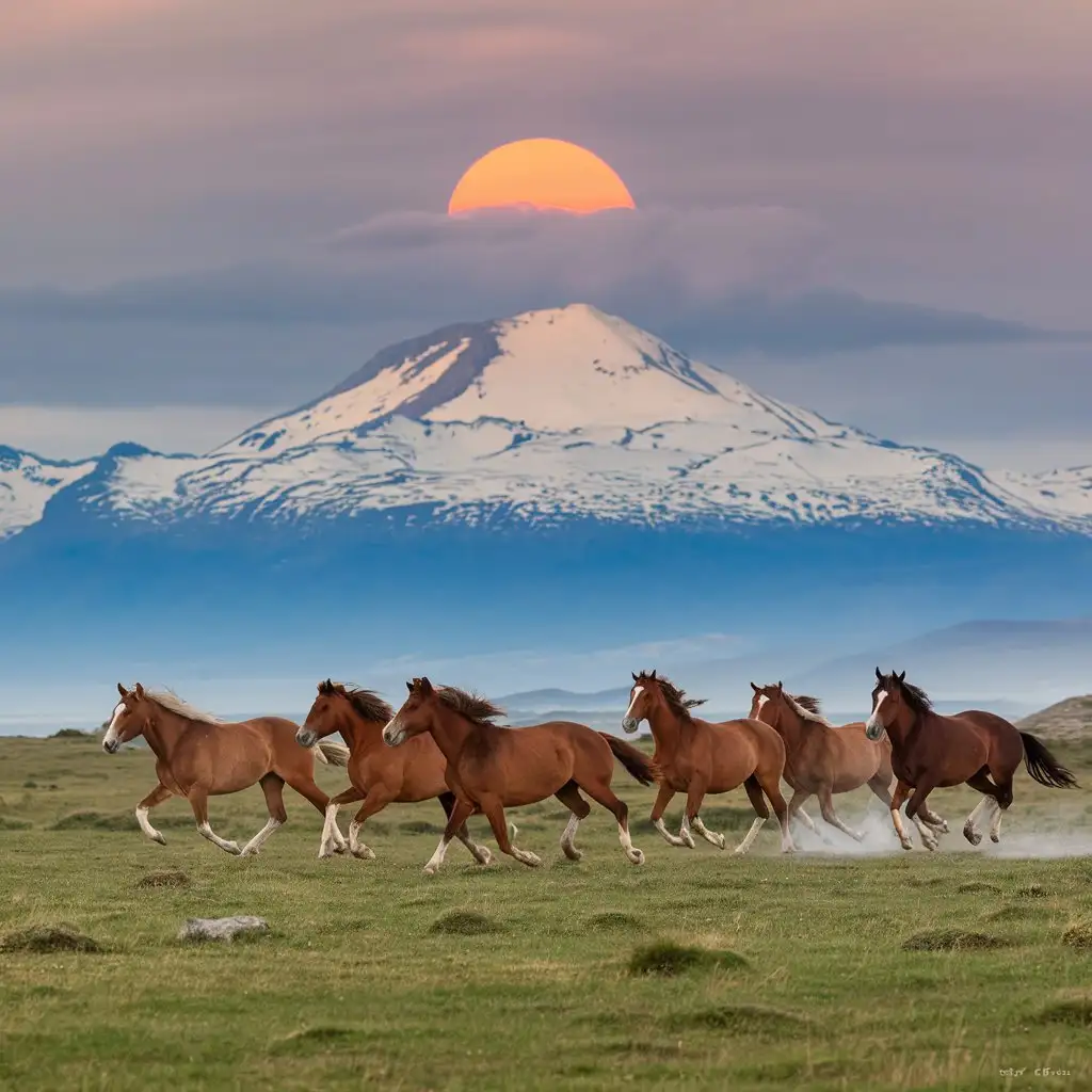 horses running on the grass land a  snow covered mountain in the back round   orange sun is dawn middle in the mountain 