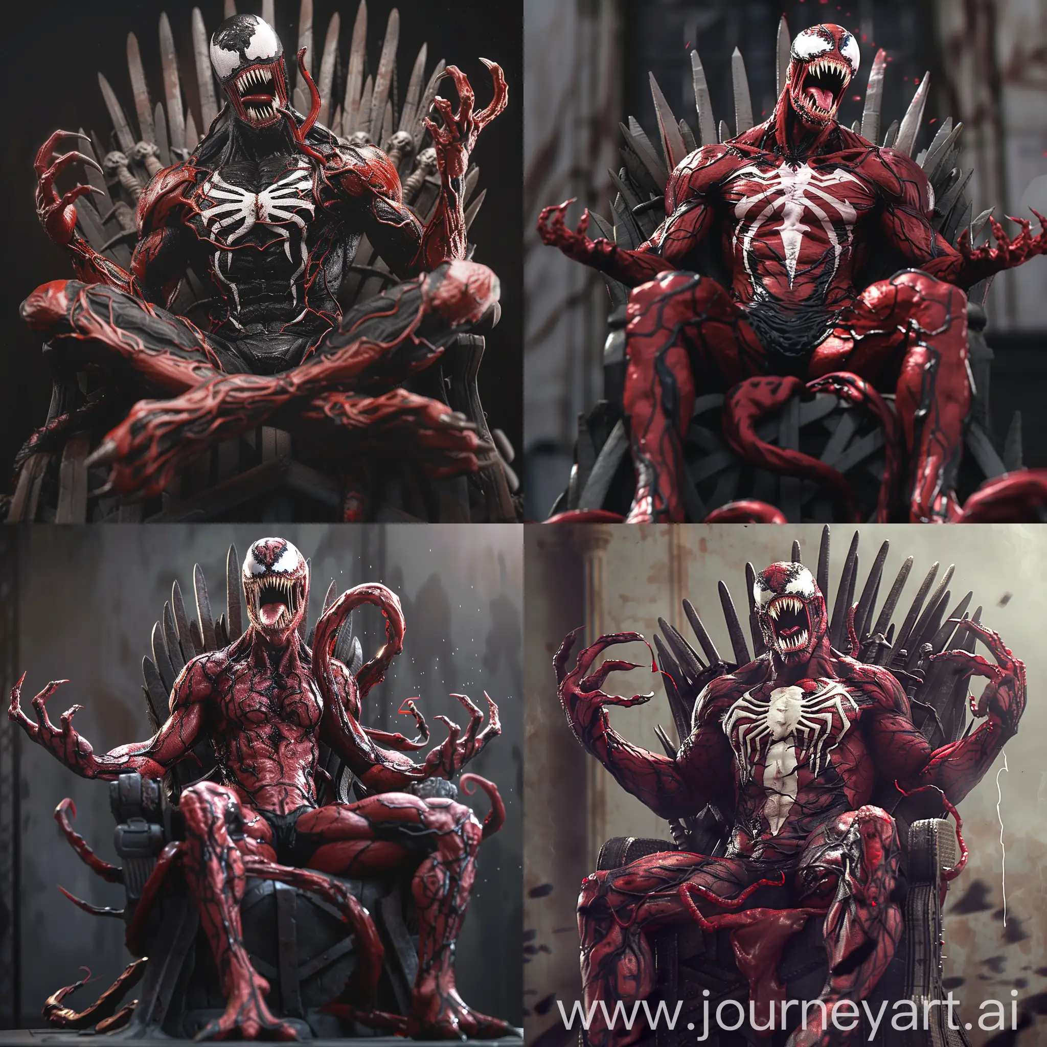 Full height, Carnage from Marvel sits on a throne, open mouth, sharp fangs, carnage symbiote, one hand in the form of a red blade, full-length pose, realistic, over-detailed, cinematic, 8k, hd