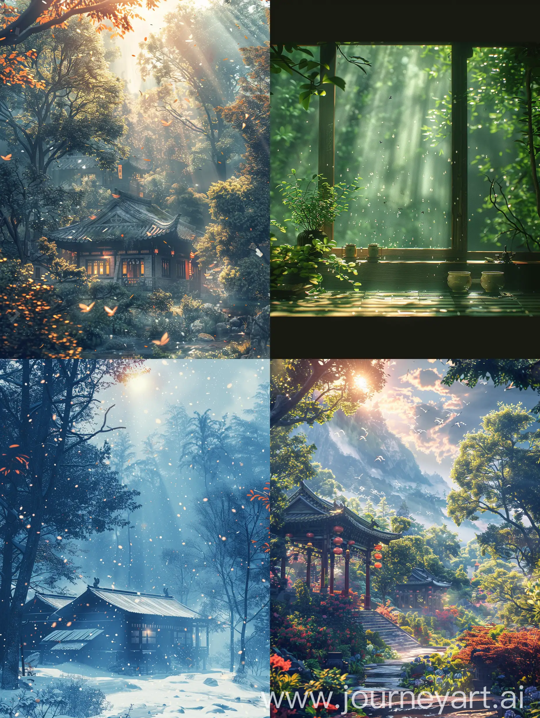 A beautiful mood of Chinese ancient style manor scene map, aesthetic mood, ancient atmosphere, Minimalist Chinese style,poetic, dreamy, Chinese National Wind and Water Element, healing painting style, a beam of sunshine, sweet and warm, rich imagination, whimsical, surreal scene, rich details, ultra-high realism, cinematic light and shadow effects, the highest resolution, 8K ultra-clear, masterpiece --ar 3:4 --chaos 15 --s 250 --v 6