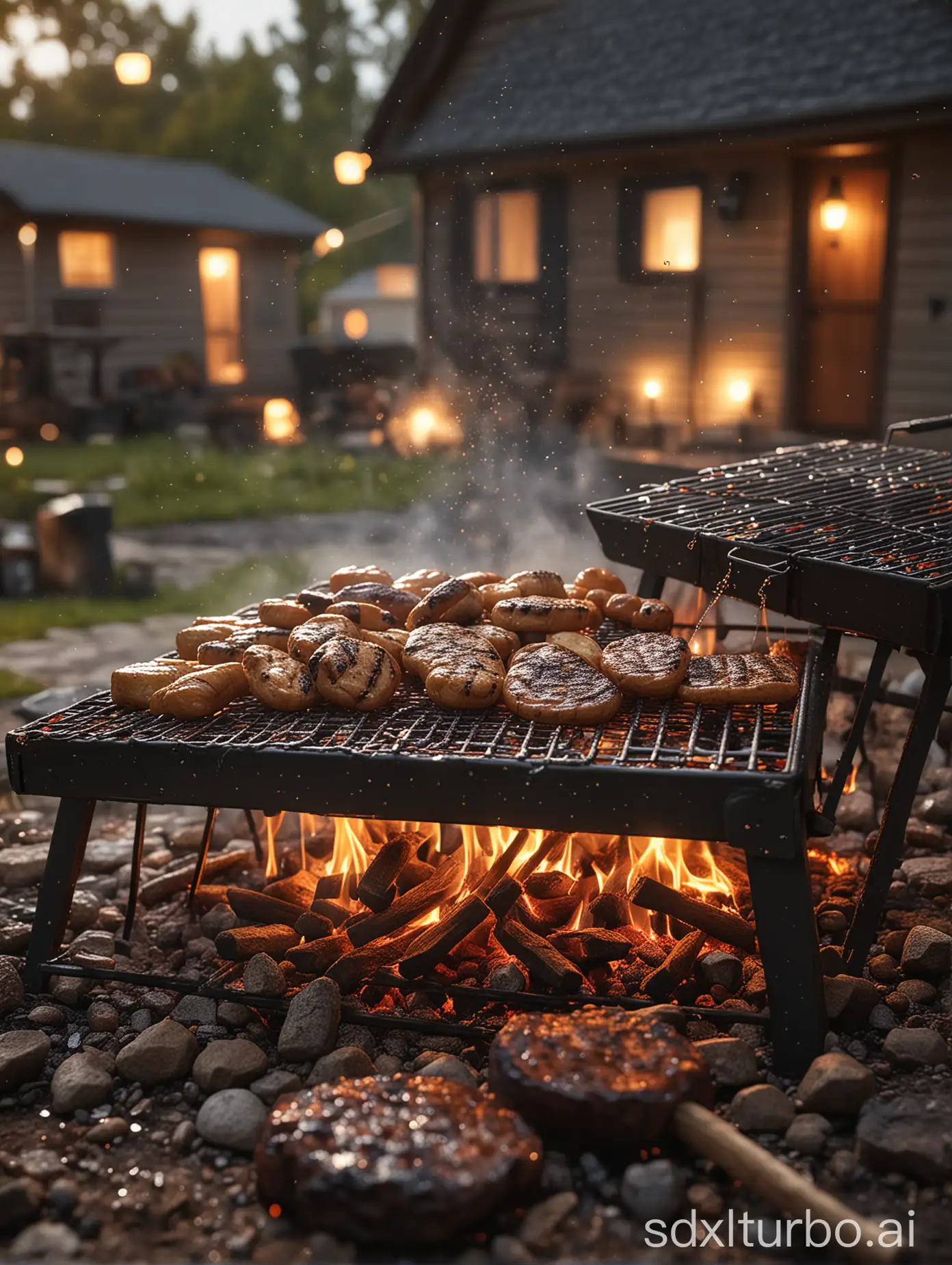 Backyard barbecue grill captured in hyper-realistic photography, moisture-laden, droplets clinging to the camera lens enhancing the visual texture, dramatic lighting casting sharp contrasts over the scene, ultra clear image quality, evening ambiance, soft glow of embers, smoke wisps rising, foreground focus, bokeh background with hints of a cozy house, high dynamic range, octane rendering.