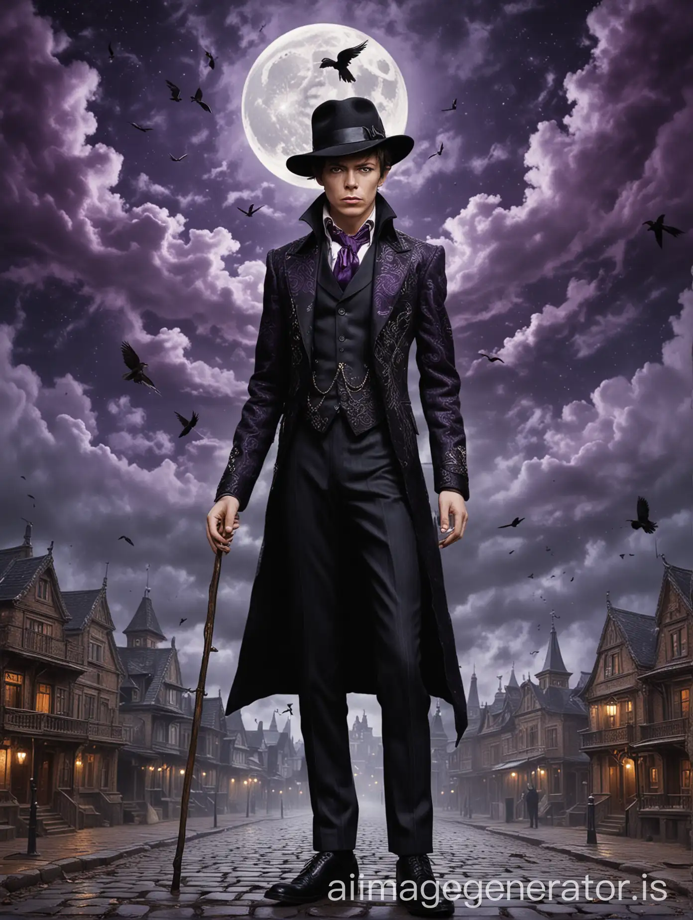david bowie face in his teens, black hair, disgust face expression, wearing black fedora hat, juvenile face,  slender young man with a black hair, man holding a gentleman's cane with a silver-crow-head-shaped handle, man wearing black three-piece black suit in intricate paisley pattern with a purple vest, midnight background with a stormy clouds, crescent-shape moon, six crows flying in the sky, old city background, wooden buildings, wet stone bricks