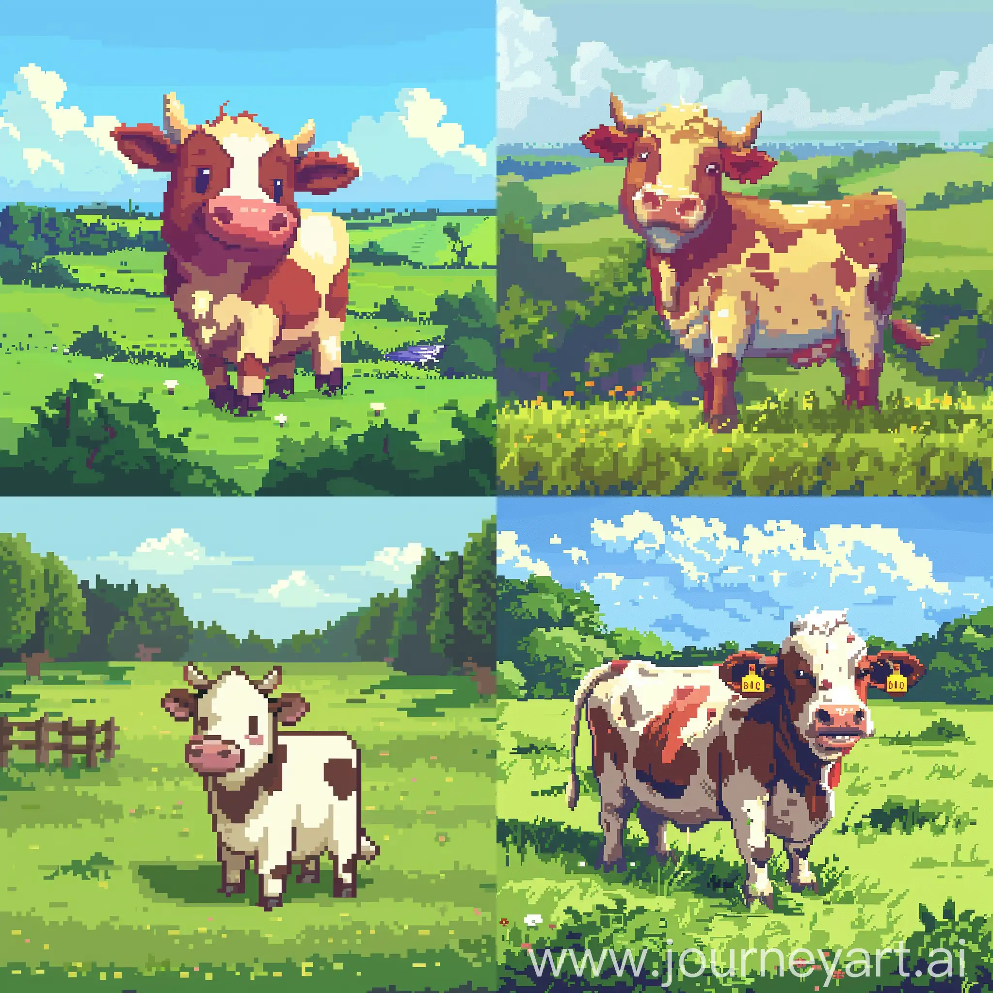 generate image of a cowsay in green fields saying "Dev lore and clichés to brighten your day", indie art, pixelated, chubby cute. Use image attached as reference, size 1200x630 px png