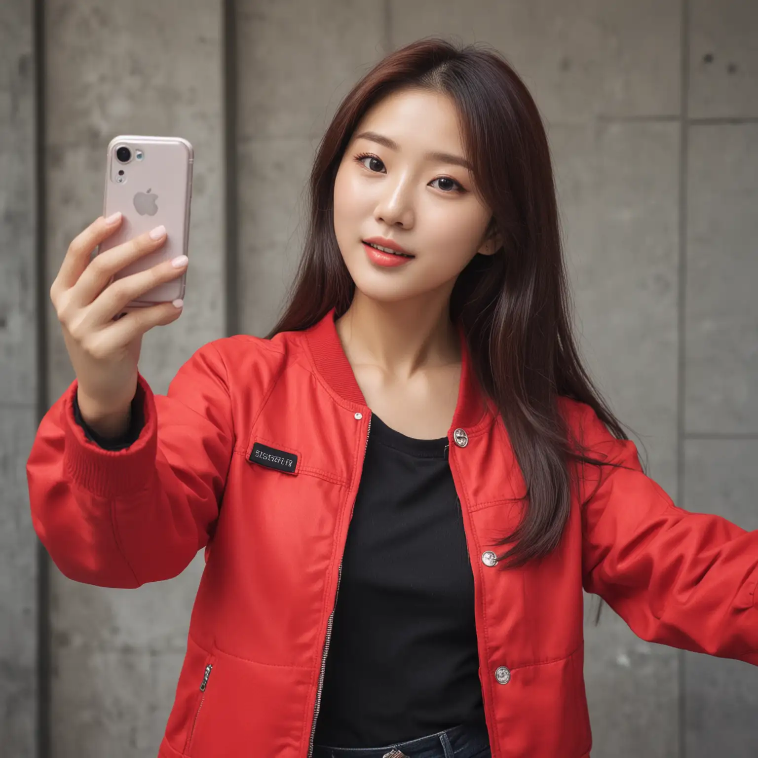 Stylish Korean Woman in Red Jacket Capturing Selfie Moment