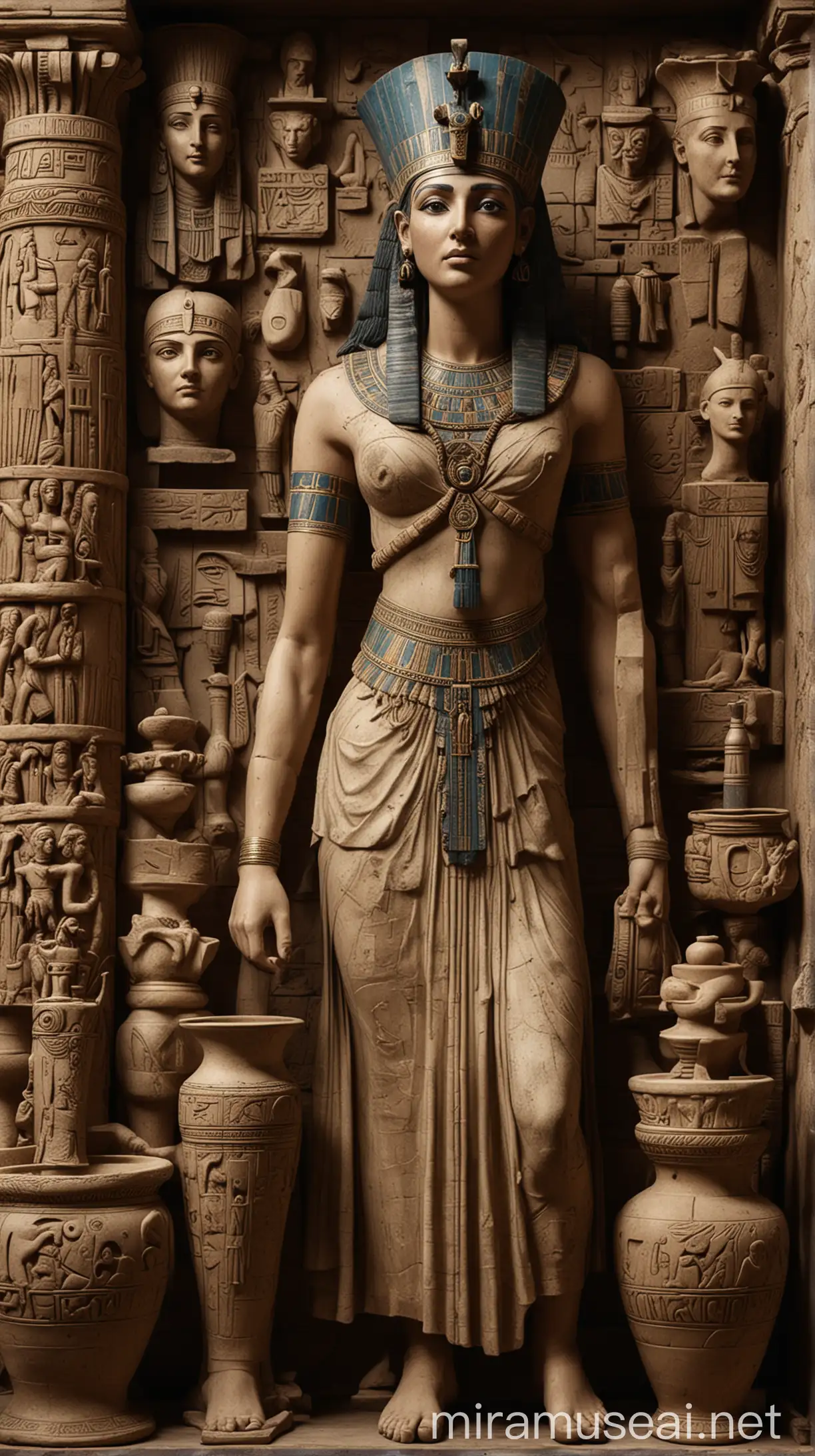 A montage of ancient artifacts, including statues and pottery, depicting scenes from Cleopatra's reign. hyper realistic