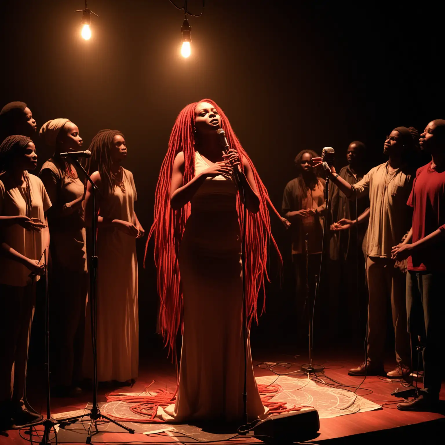 In a hushed reverence, flickering candlelight paints the walls of a dark spoken word club. The air thrums with anticipation, a low hum of energy vibrating from a diverse crowd of African Americans. All eyes are fixed on the stage, bathed in a single spotlight that illuminates a woman poet. Her long red dreadlocks cascade down her back as she weaves her magic, captivating the audience with her words. Behind her, a five-piece band stands poised, ready to interweave their melody with the rising power of her poetry.