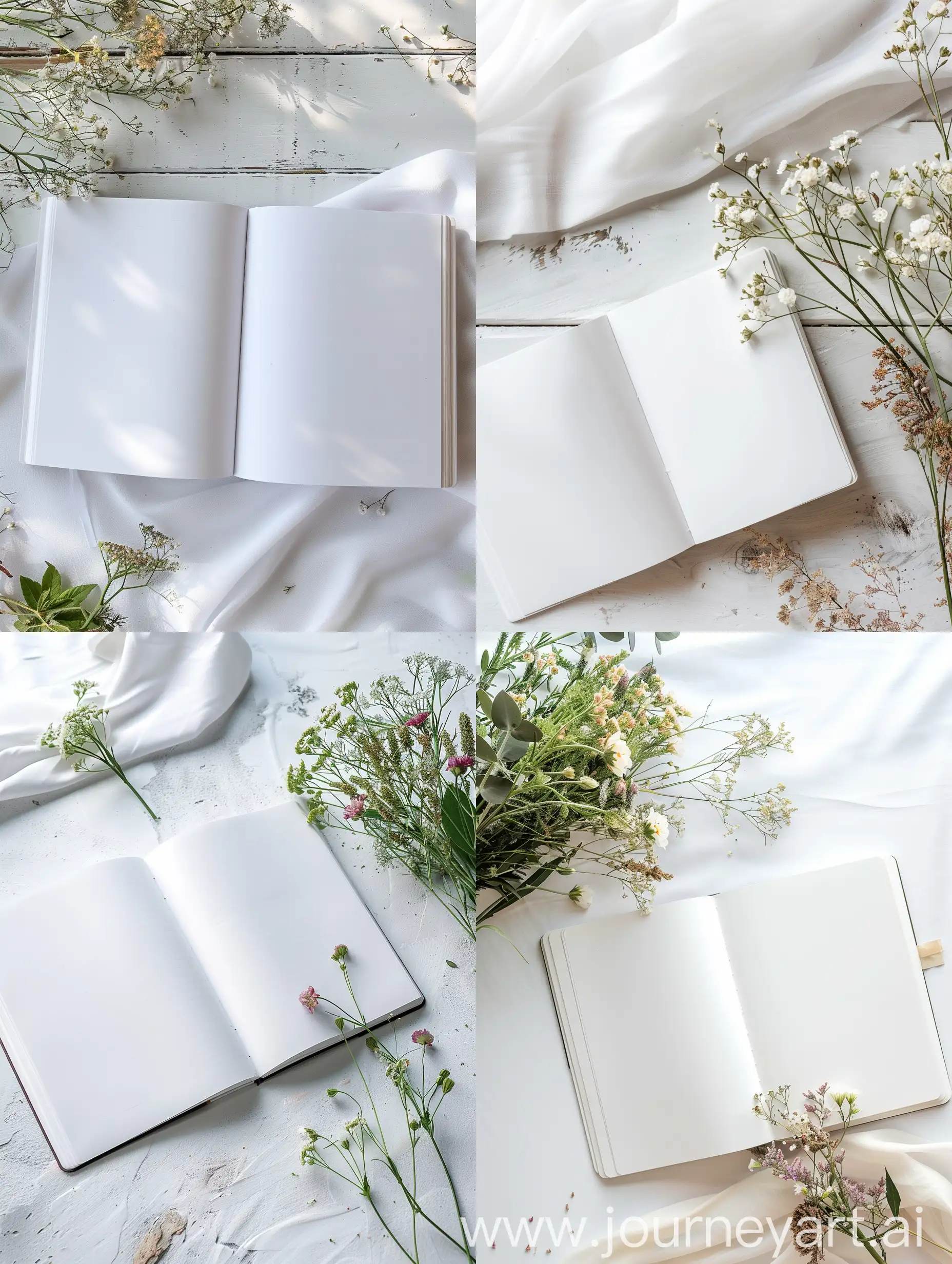 White-Tabletop-with-Open-A5-Notebook-and-Bouquet-of-Flowers