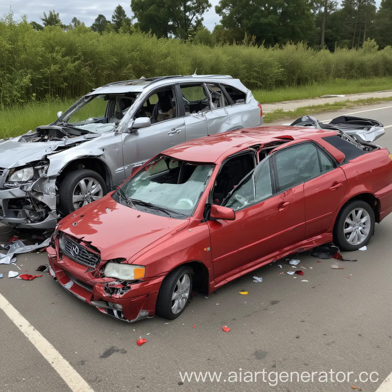 Авария: две сильно поврежденные машины: серебристый седан с разбитой передней частью и красный внедорожник врезался в бок седана. Оба автомобиля помяты, стекла разбиты.
