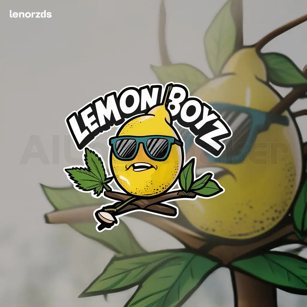 a logo design,with the text "LemonBoyz", main symbol:Cool lemon , weed leaf , sun glasses , comic style , seed , tree,Moderate,clear background