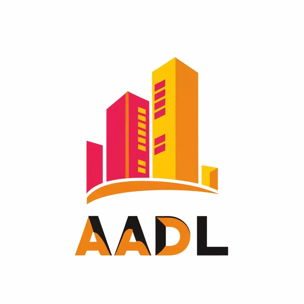 a logo design,with the text "AADL", main symbol:2 buildings with the colors orange, yellow, and black,Moderate,be used in Real Estate industry,clear background