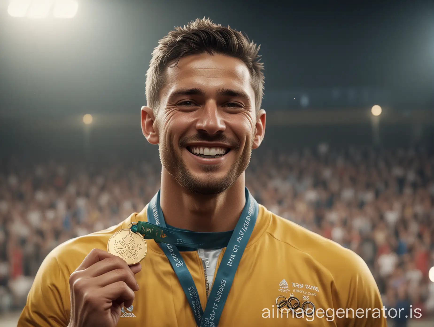 middle shot of an Olympic athlete with greaat happiness for having won his discipline. He is in the podium with his gold medal. Stadium full of people cheering as background, nikon d850 film stock photograph, kodak portra 400 camera f1.6 lens, extremely detailed, amazing, fine detail, rich colors, hyper realistic lifelike texture, dramatic lighting, unrealengine, trending on artstation, cinestill 800 tungsten, looking at the viewer, photo realistic, RAW photo, TanvirTamim, high quality, highres, sharp focus, extremely detailed, cinematic lighting, 8k uhd