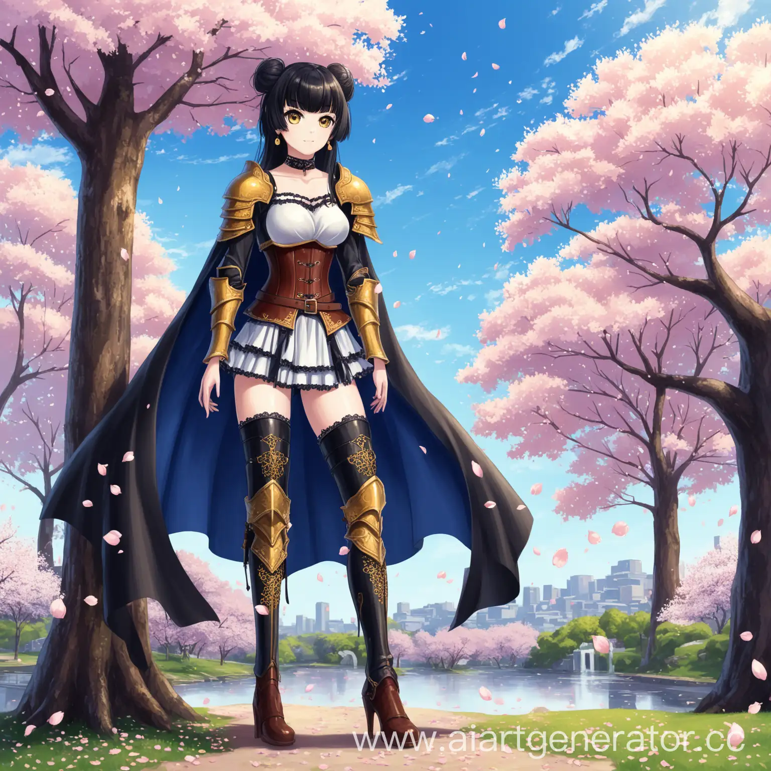 1girl, armor, belt, boots, breasts, brown footwear, cape, choker, corset, earrings, high heels, jewelry, pants, quiver, shoulder armor, thigh boots, thighhighs, bangs, black hair, blue sky, blunt bangs, cherry blossoms, day, double bun, full body, hair bun, long hair, looking at viewer, mary janes, mayuzumi fuyuko, outdoors, petals,  sky, solo, standing, tree, yellow eyes
