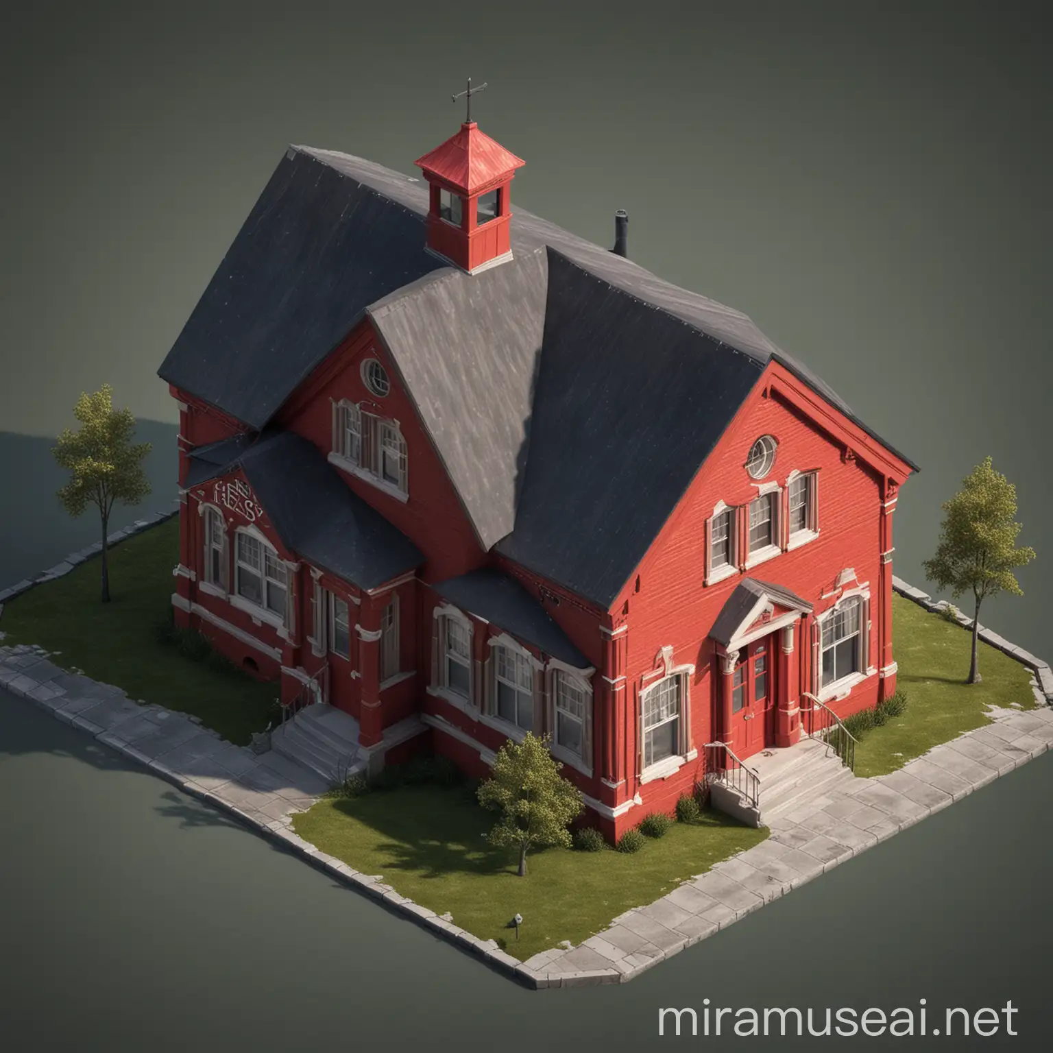 photo realistic school house isometric persepctive. the school should be red and have a dark roof. There should be a-frame entrance

