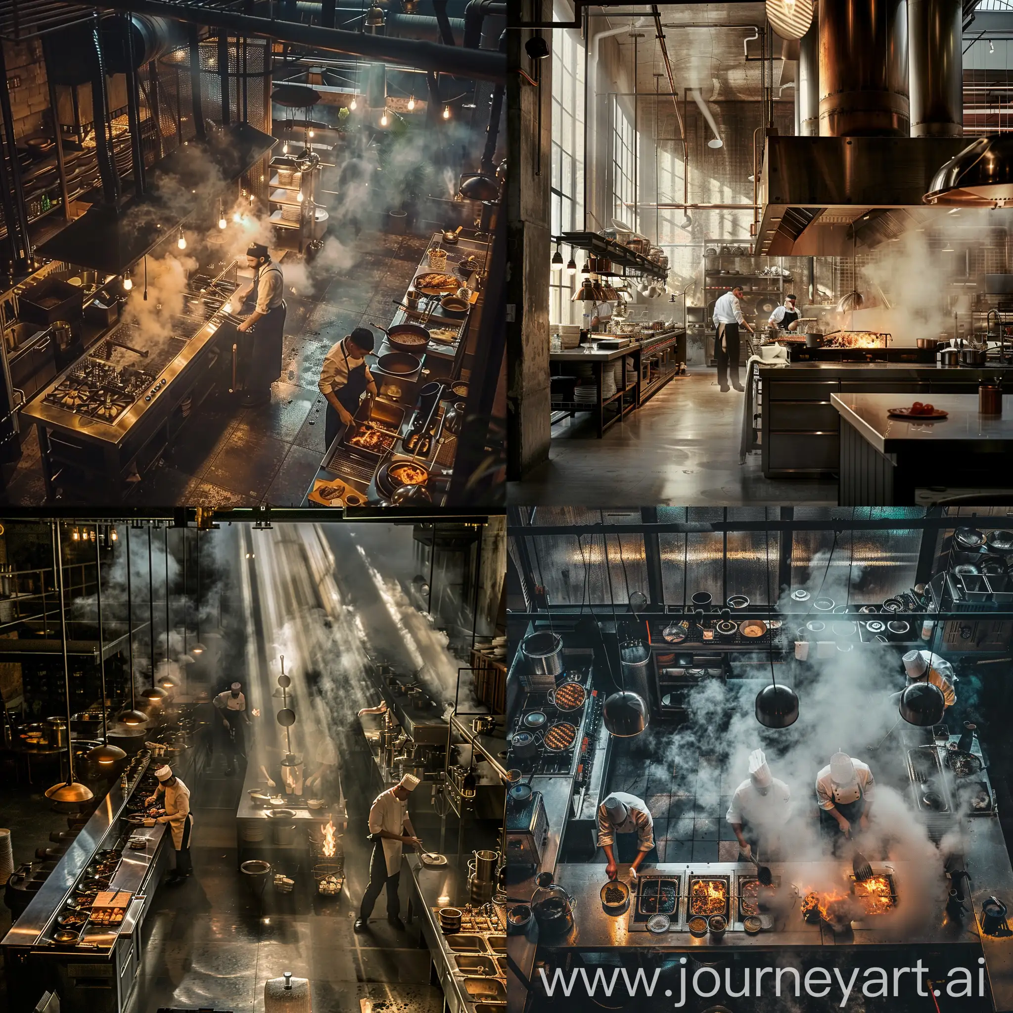 Professional-Chefs-Cooking-in-Artistic-Industrial-Kitchen