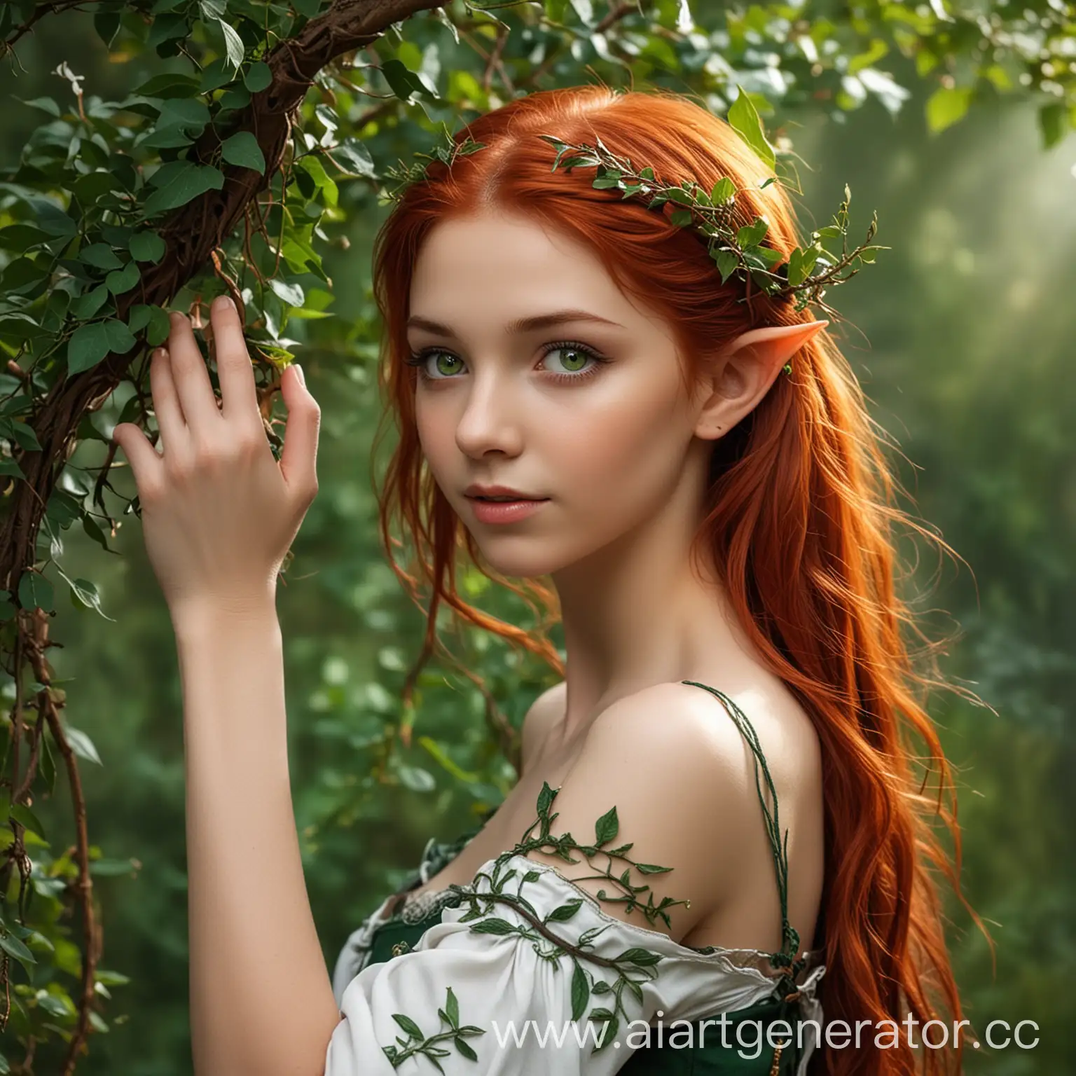 девушка 19 лет, полуэльф, рыжие волосы, зеленые глаза, стройная, среднего роста, уши эльфа,красивая арабеска из переплетенных ветвей и листьев покрывающая ее плечо и спускающаяся на предплечье