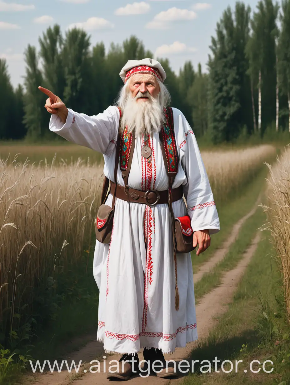 добрый полевой дух в облике белобородого старика, во весь рост, в белорусском национальном костюме, указывает заблудившимся дорогу