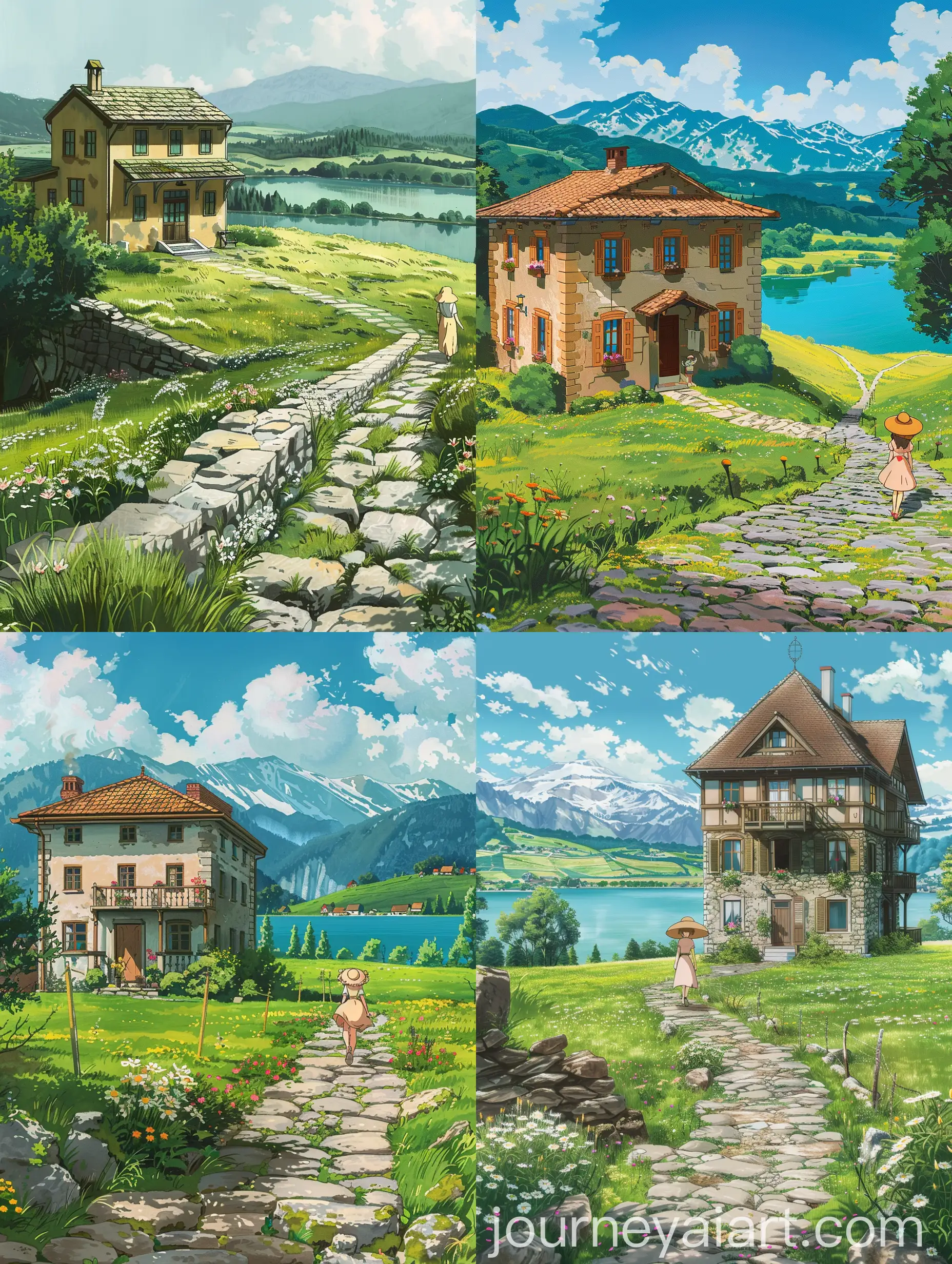 Tranquil-Studio-Ghibli-Anime-Flower-Woman-Strolling-by-Country-House