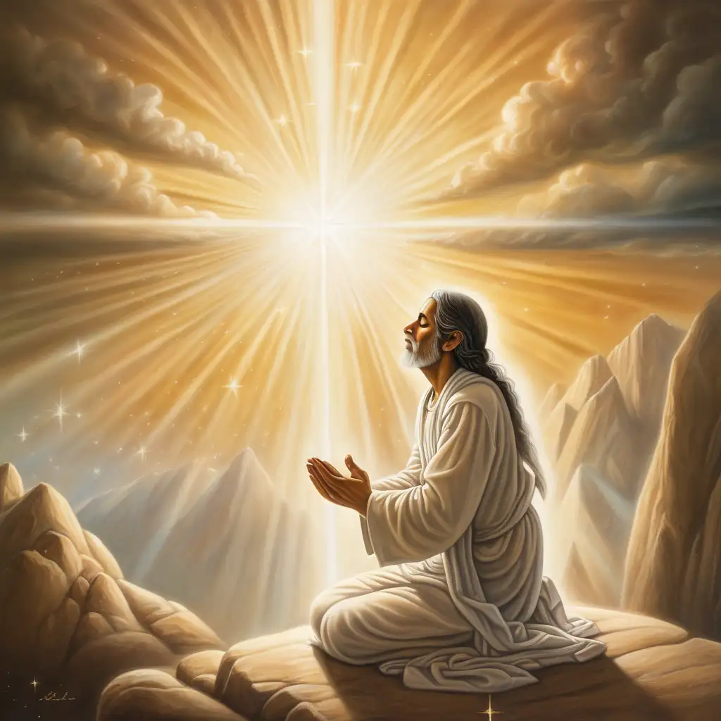Create an image that expresses the phrase "todos mis caminos están dispuestos ante ti" The image should feature a serene and divine atmosphere, with a figure praying or reaching out towards a radiant light. The light should symbolize divine wisdom and guidance. Include elements that represent holiness and spirituality, such as glowing scriptures, celestial symbols, or an ethereal landscape. The overall mood should be one of reverence, devotion, and a deep yearning for spiritual knowledge.